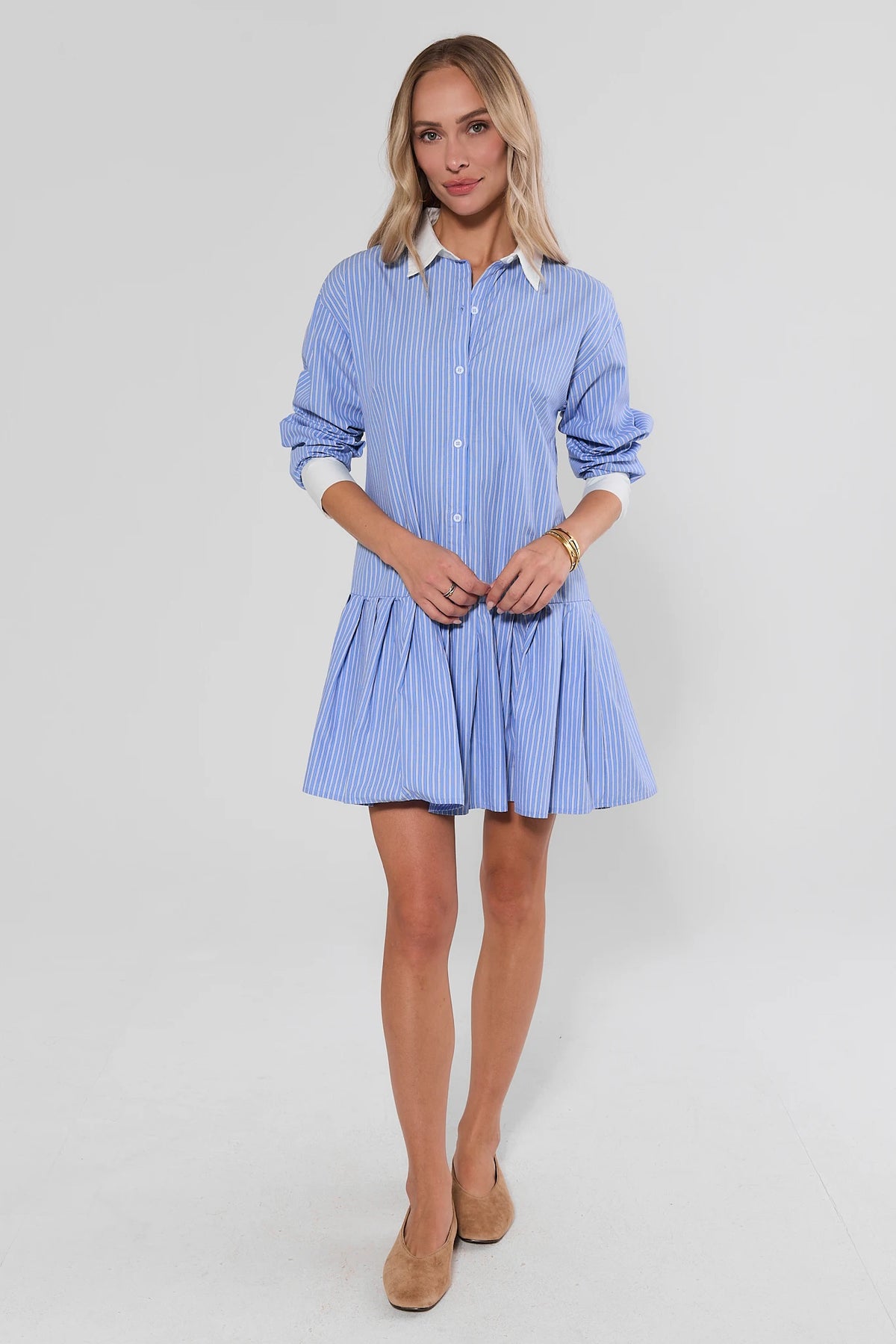 Hannah Blue Striped Collared Short Dress, full-length front view, drop-waist pleated skirt, white contrast collar and cuffs | Avara