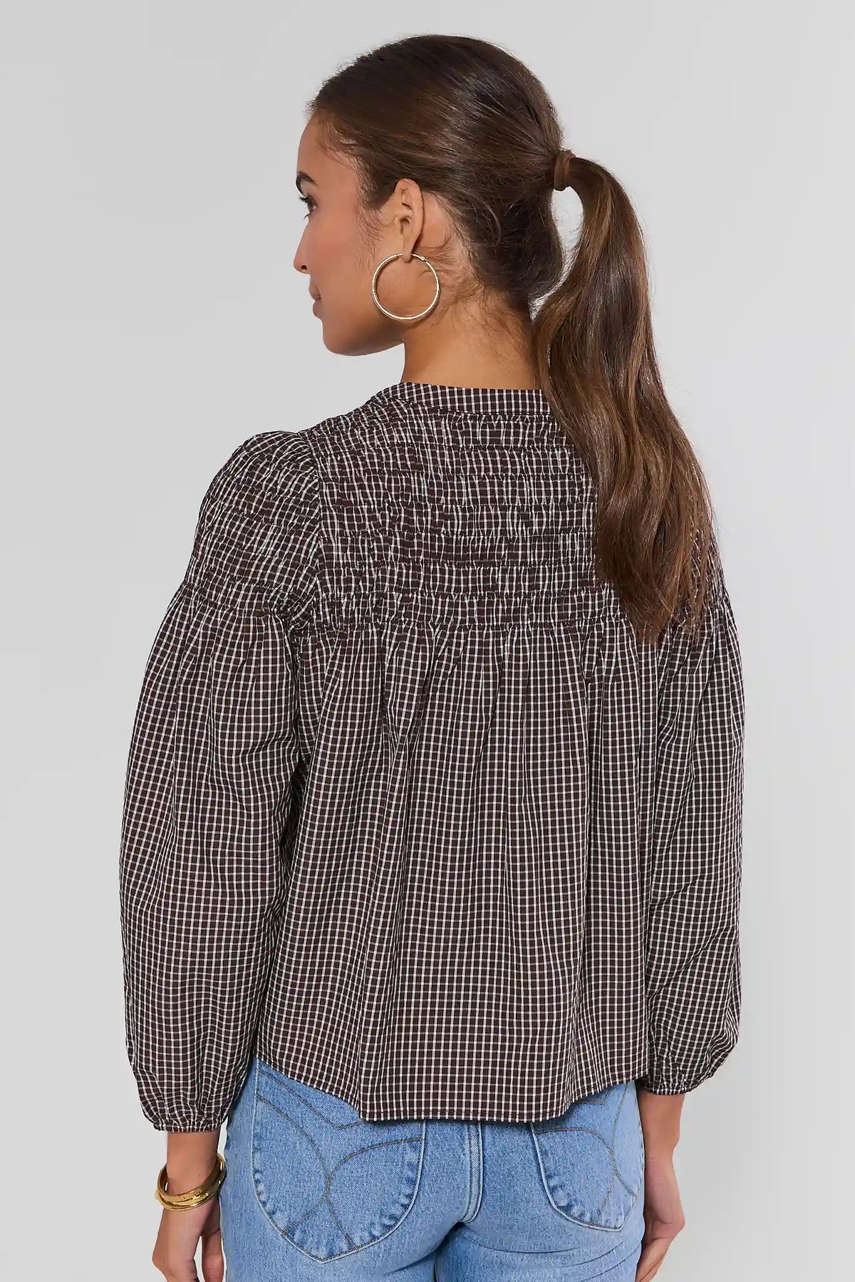 Reese Brown Windowpane Plaid Smocked Top - Back View showing smocked yoke and puff sleeves, modest long-sleeve women's top with jeans | Avara