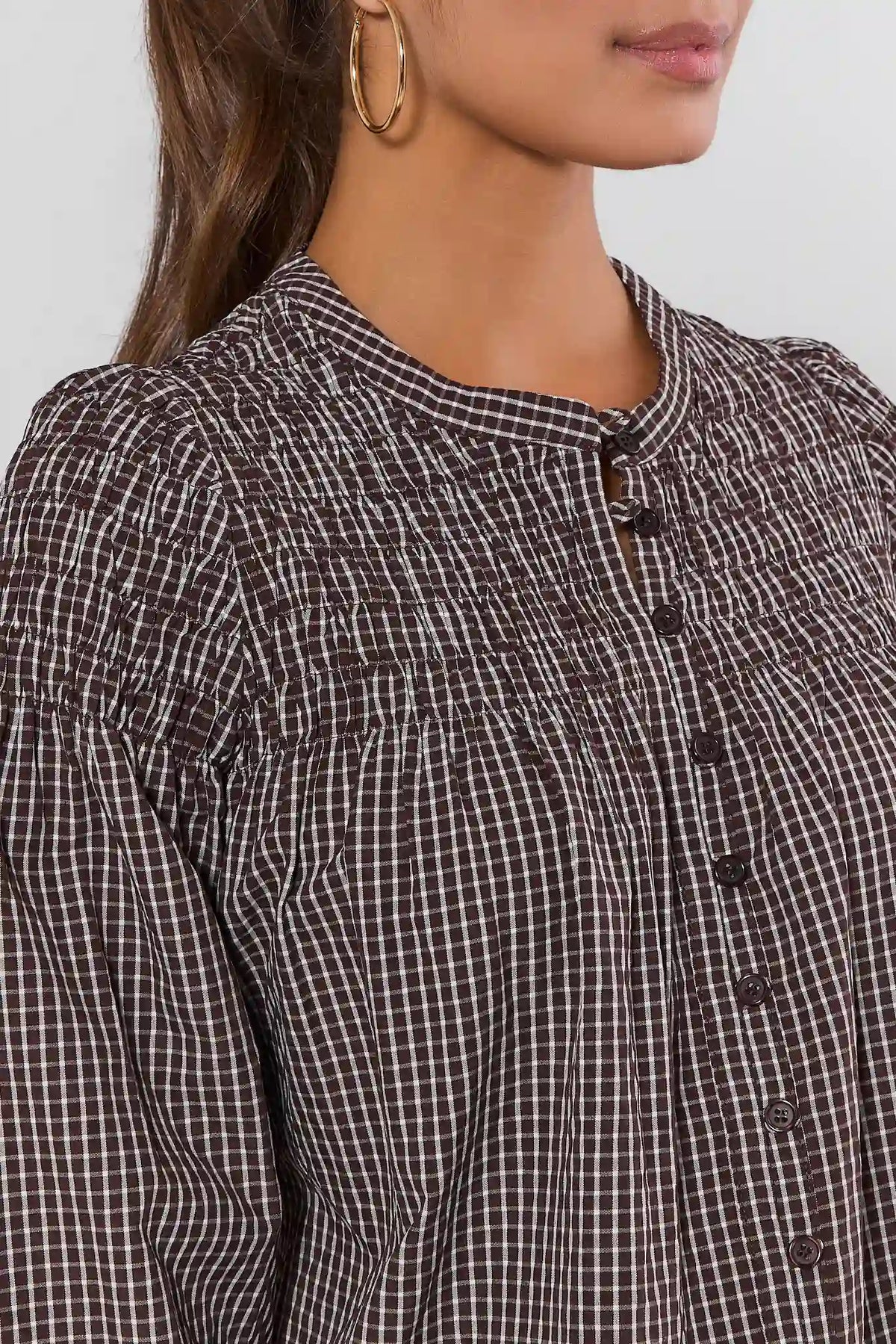 Reese Brown Plaid Smocked Top - Close-Up of smocked yoke and button-front detail, women's modest plaid blouse | Avara