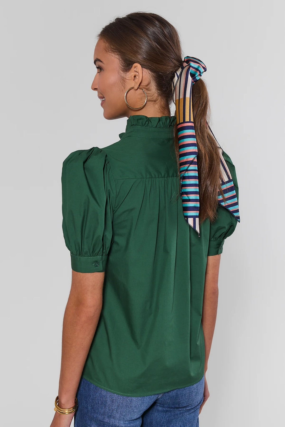 Green Ruffle Detail Button Up Top showing puff sleeves and ruffled back neckline - Back View | Avara