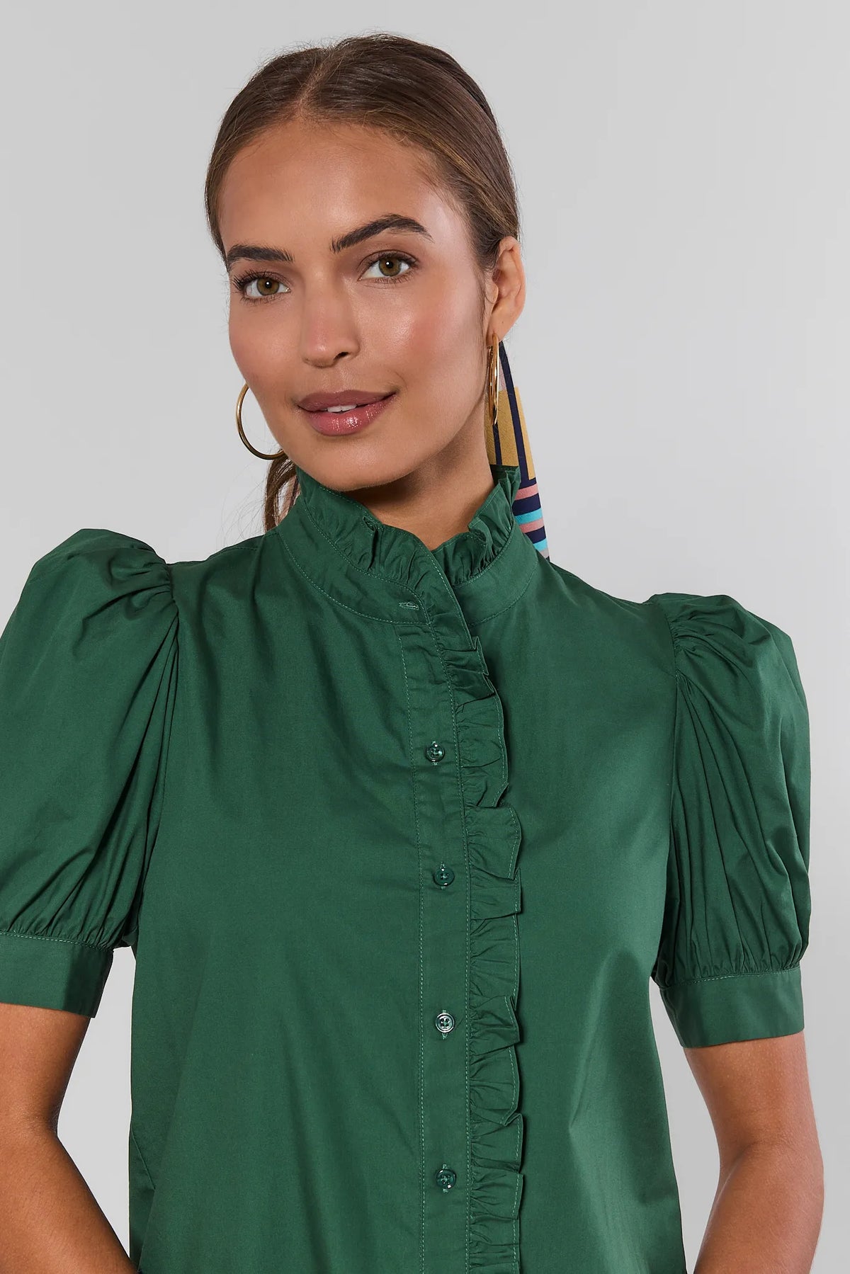 Green Ruffle Detail Button Up Top close-up showing ruffled collar and puff sleeve detail - Front Close-Up | Avara