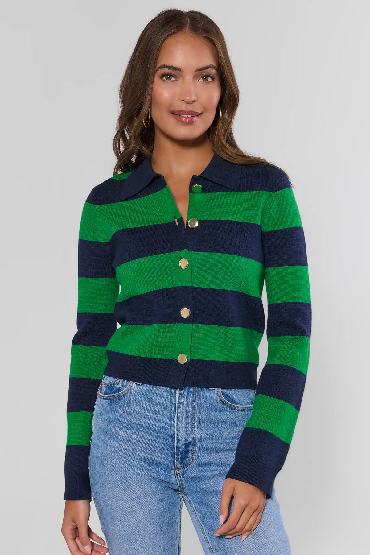 Amelia Green Navy Striped Button-Up Sweater, collared knit with gold buttons, paired with light wash jeans - Front View | Avara