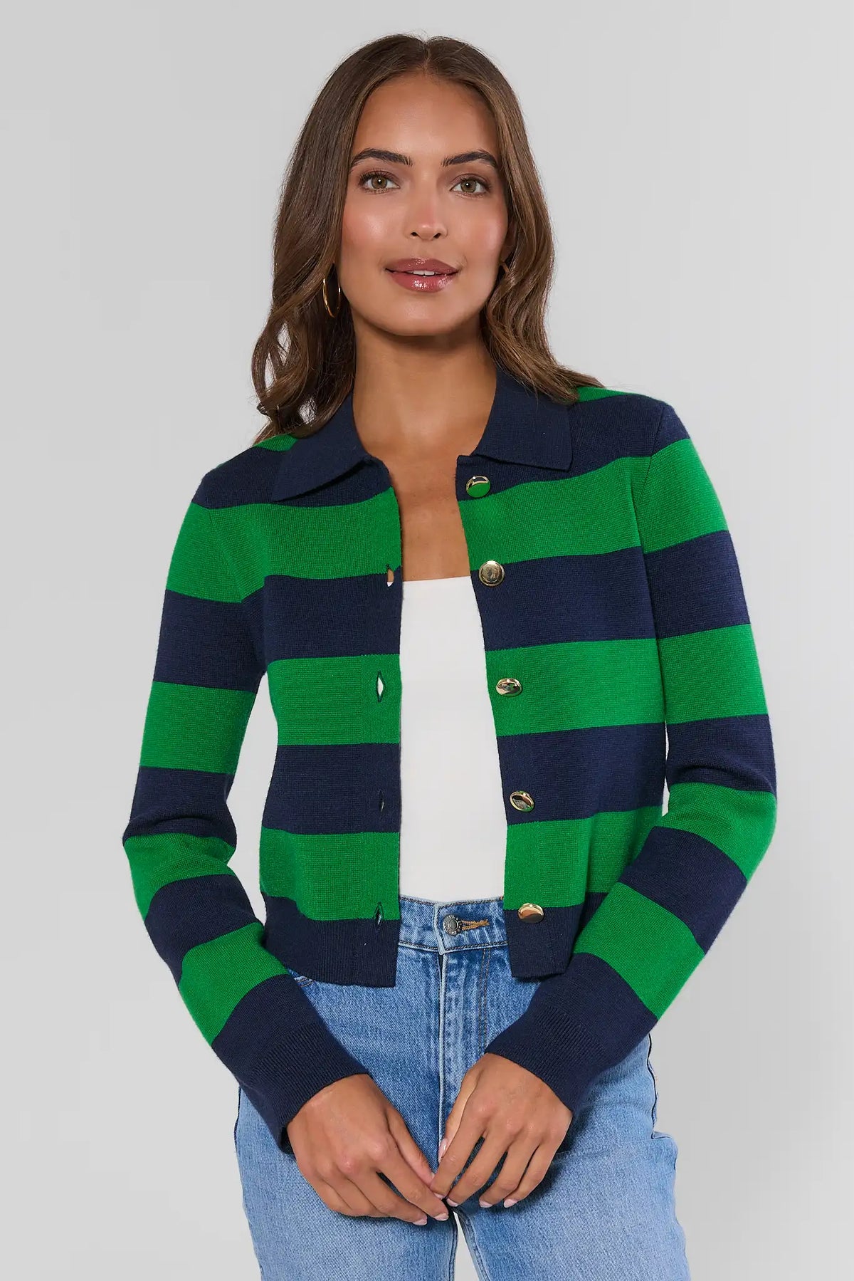Amelia Green Striped Button-Up Sweater worn open over white top with light wash jeans - Layered Styling View | Avara