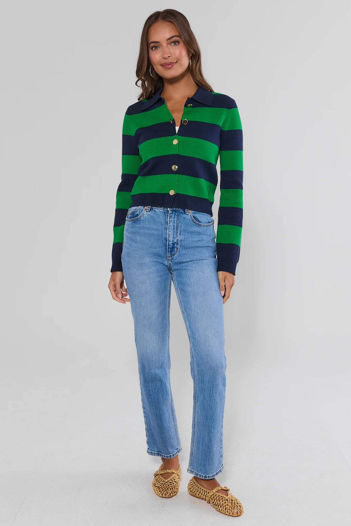 Amelia Green Navy Striped Knit Sweater with gold buttons and jeans, full-length look with woven flats - Full Body View | Avara