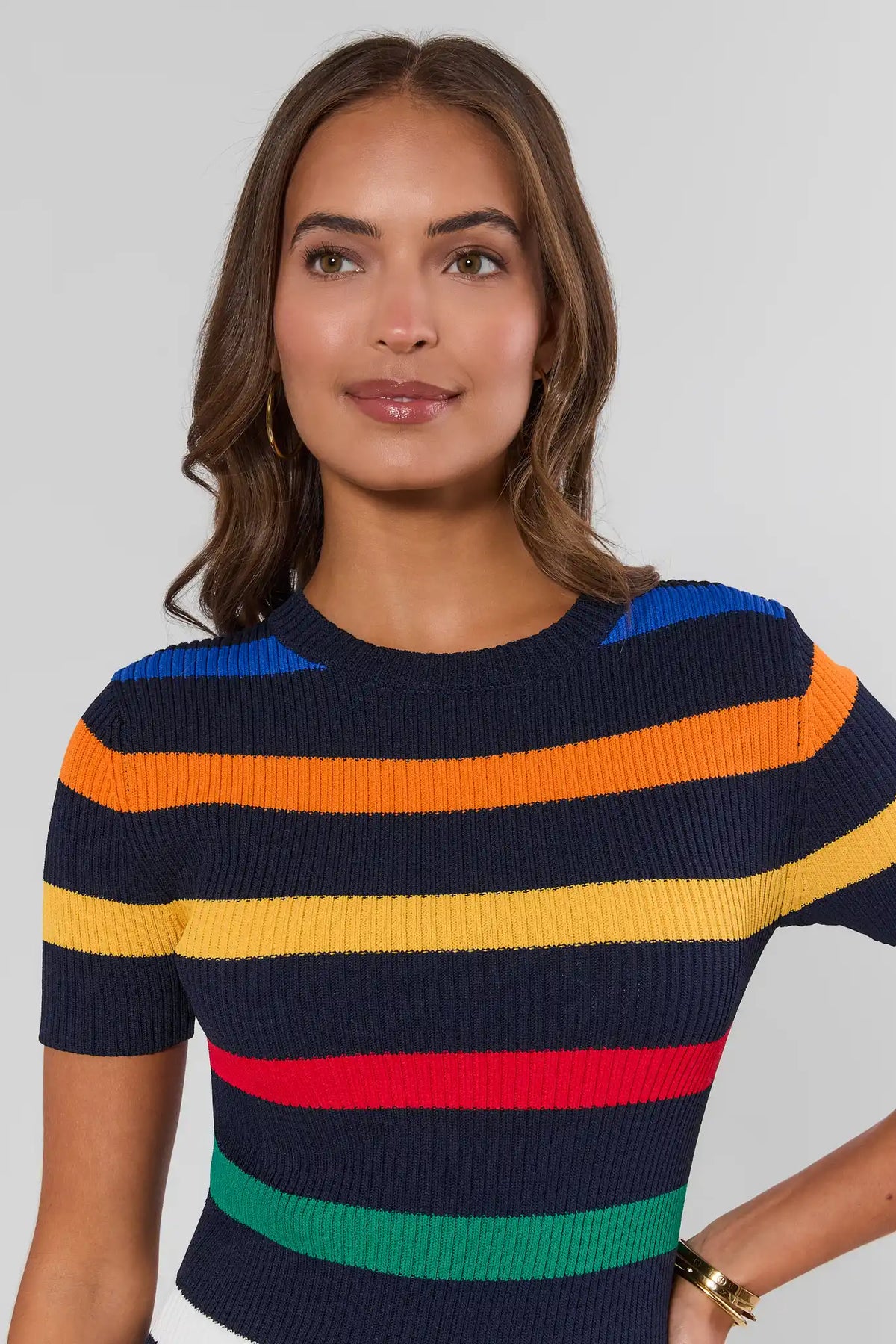 English Factory multi-striped ribbed knit top with crew neckline - Close-Up Detail, bold colorblock stripes on navy | Avara