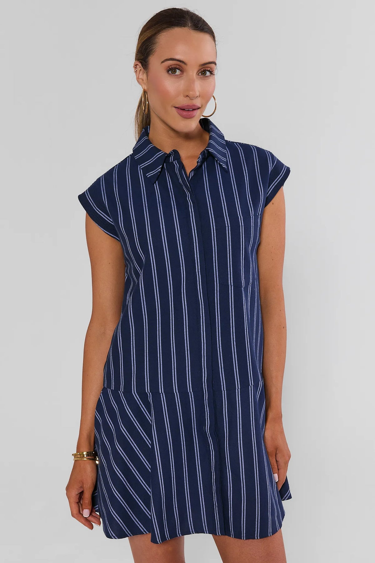 Navy striped drop-waist short dress with spread collar and cap sleeves, front view - Eliana by English Factory | Avara