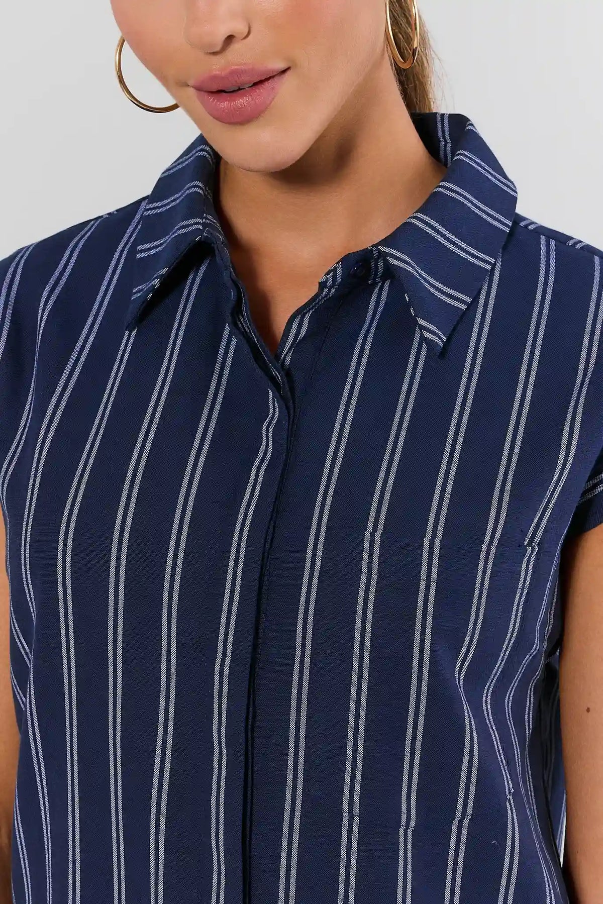 Close-up of navy white pinstripe button-front dress with spread collar detail - Eliana by English Factory | Avara