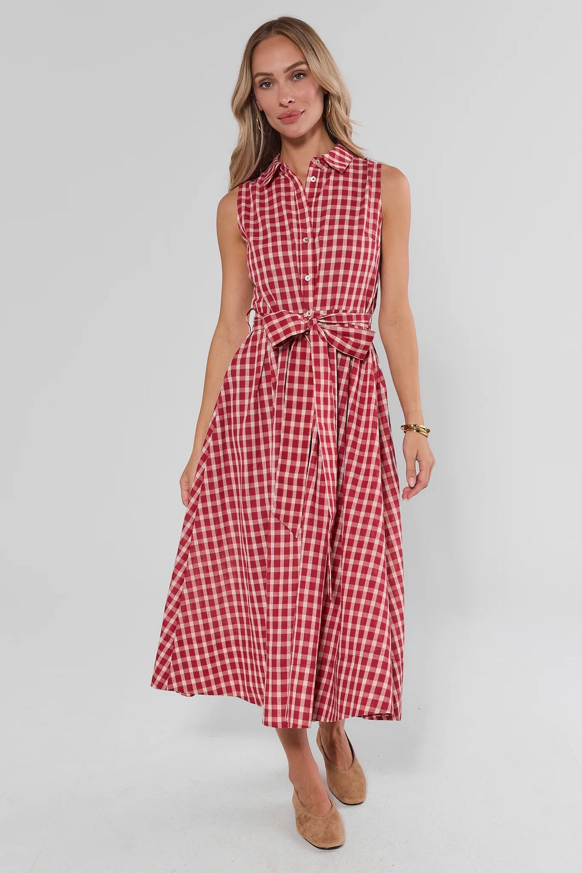 Red Gingham Tie Waist Midi Dress - On Model Full-Length Front View with Flowy Skirt | Avara