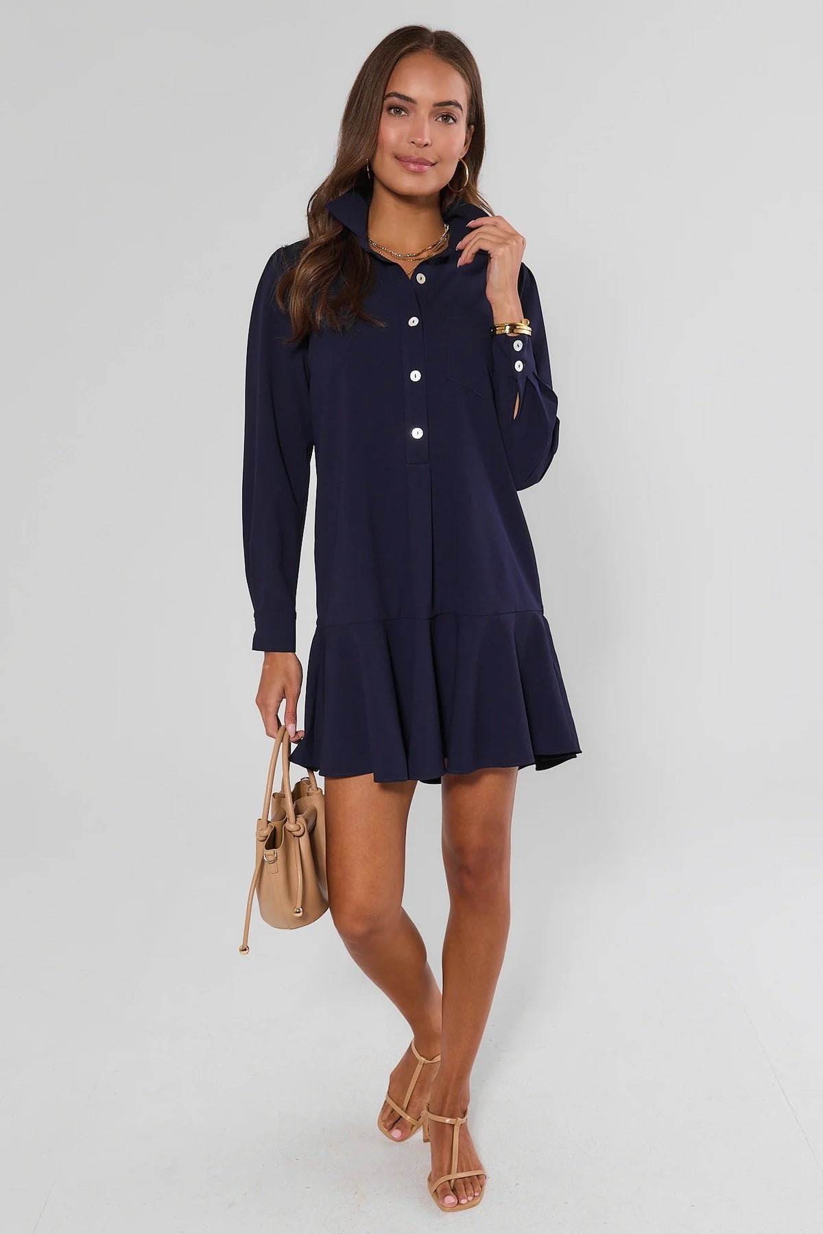 Navy Drop Waist Shirt Dress Flowy Ruffle Hem Long Sleeves - Full Body View | Avara
