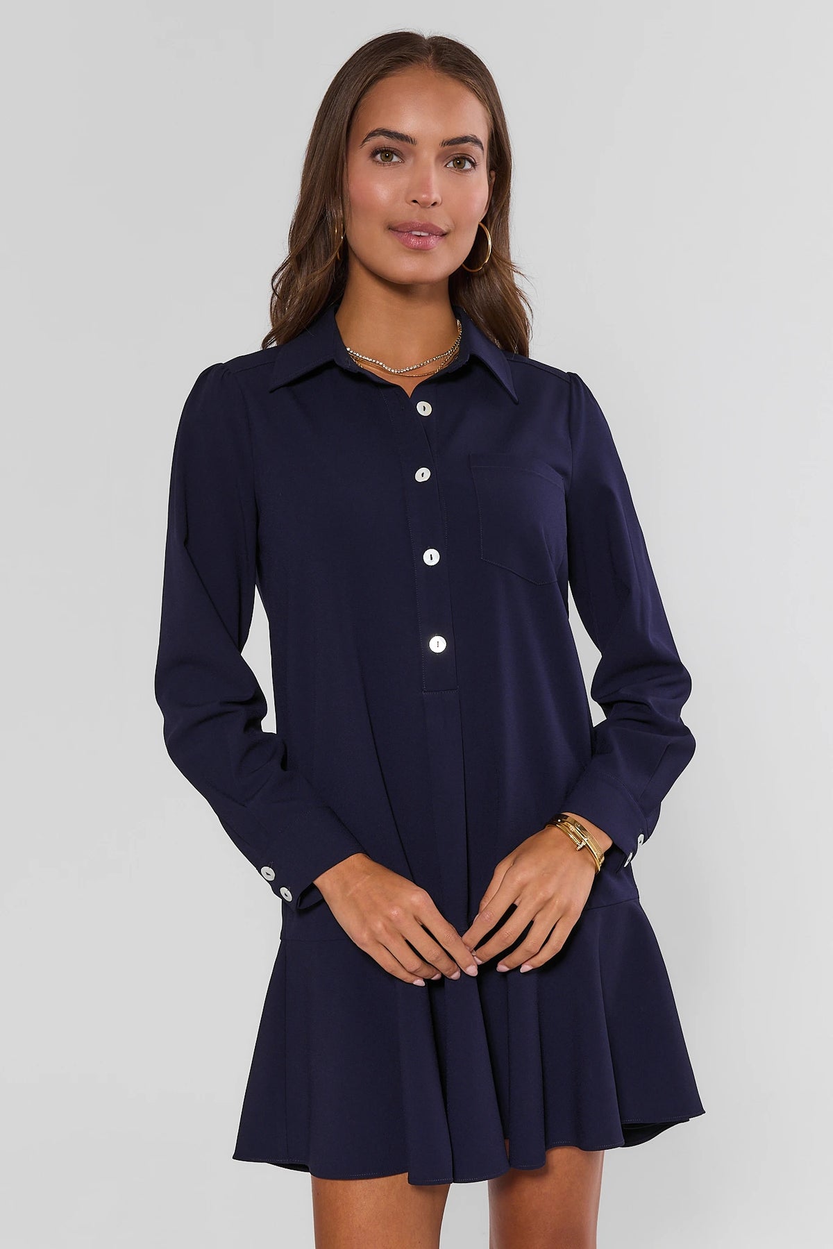 Navy Drop Waist Shirt Dress Long Sleeves Button Front - Front View | Avara