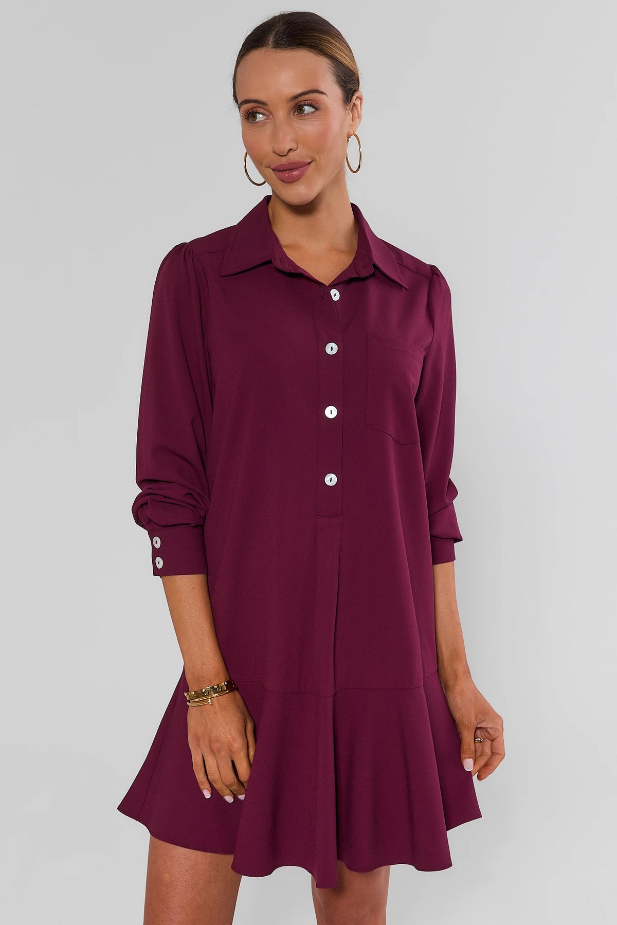 Meagan Maroon Drop Waist Dress with button-front collar and flowy ruffle hem - Front View | Avara