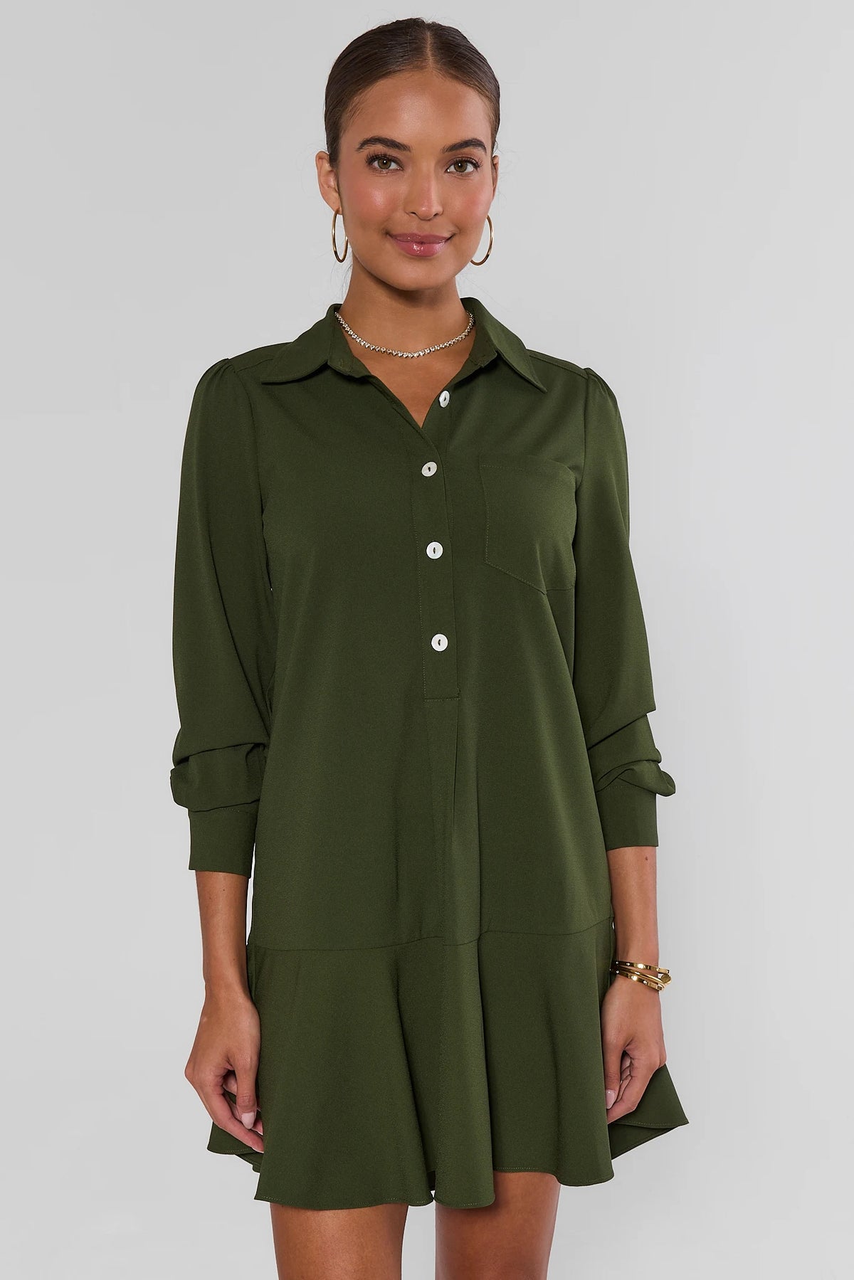Olive Meagan Drop Waist Dress by Fate - Front View, button-down shirt dress with flounce hem | Avara