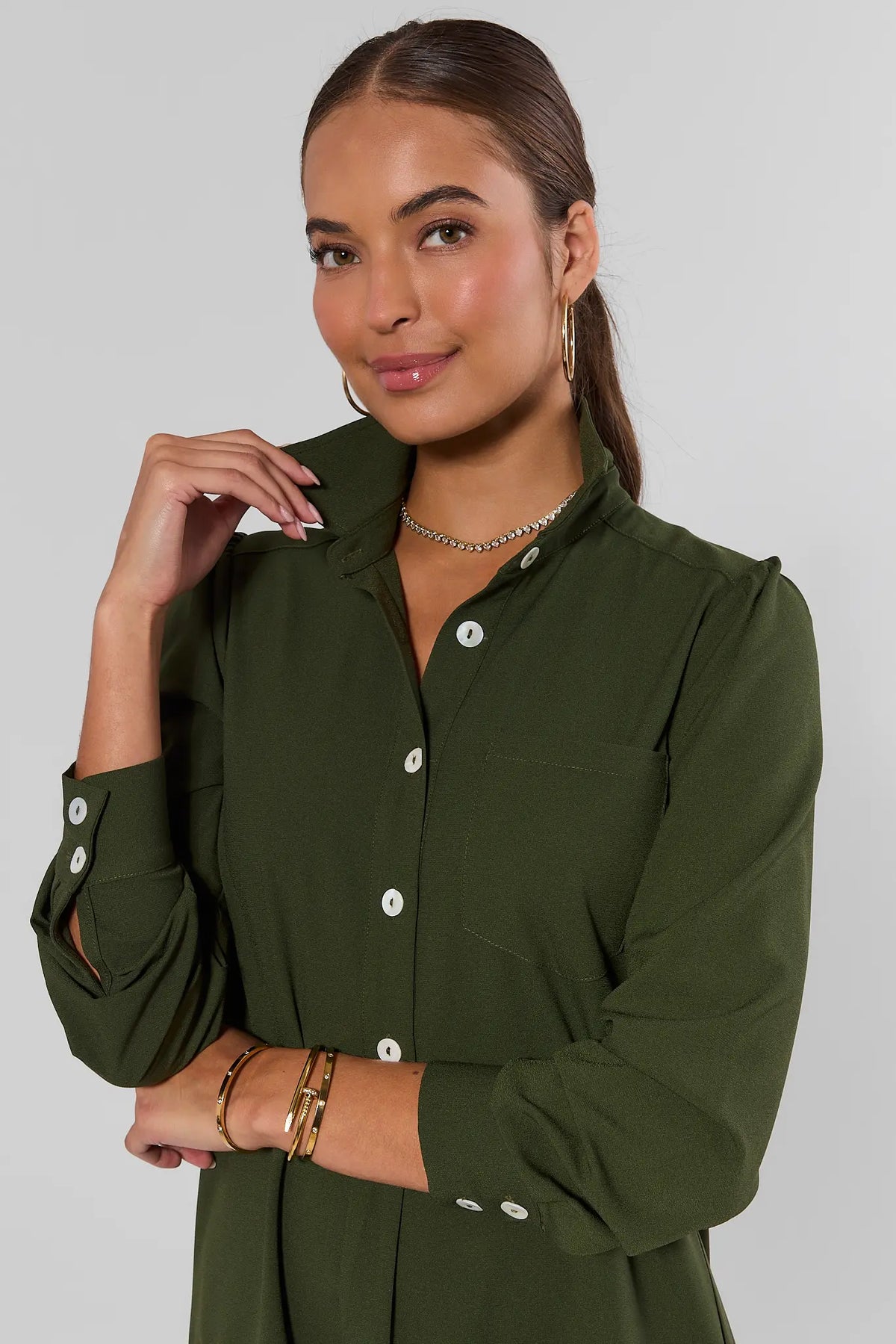 Olive Meagan Drop Waist Dress - Close-Up Detail of collar, white buttons, and chest pocket | Avara