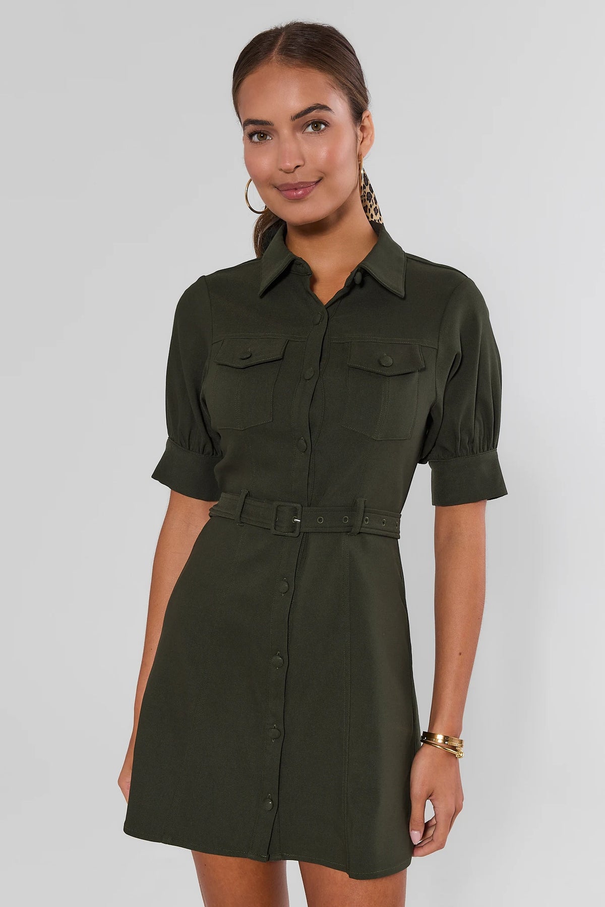 Olive green belted button-up short dress with puff sleeves, chest pockets, collared neckline - Front View | Avara