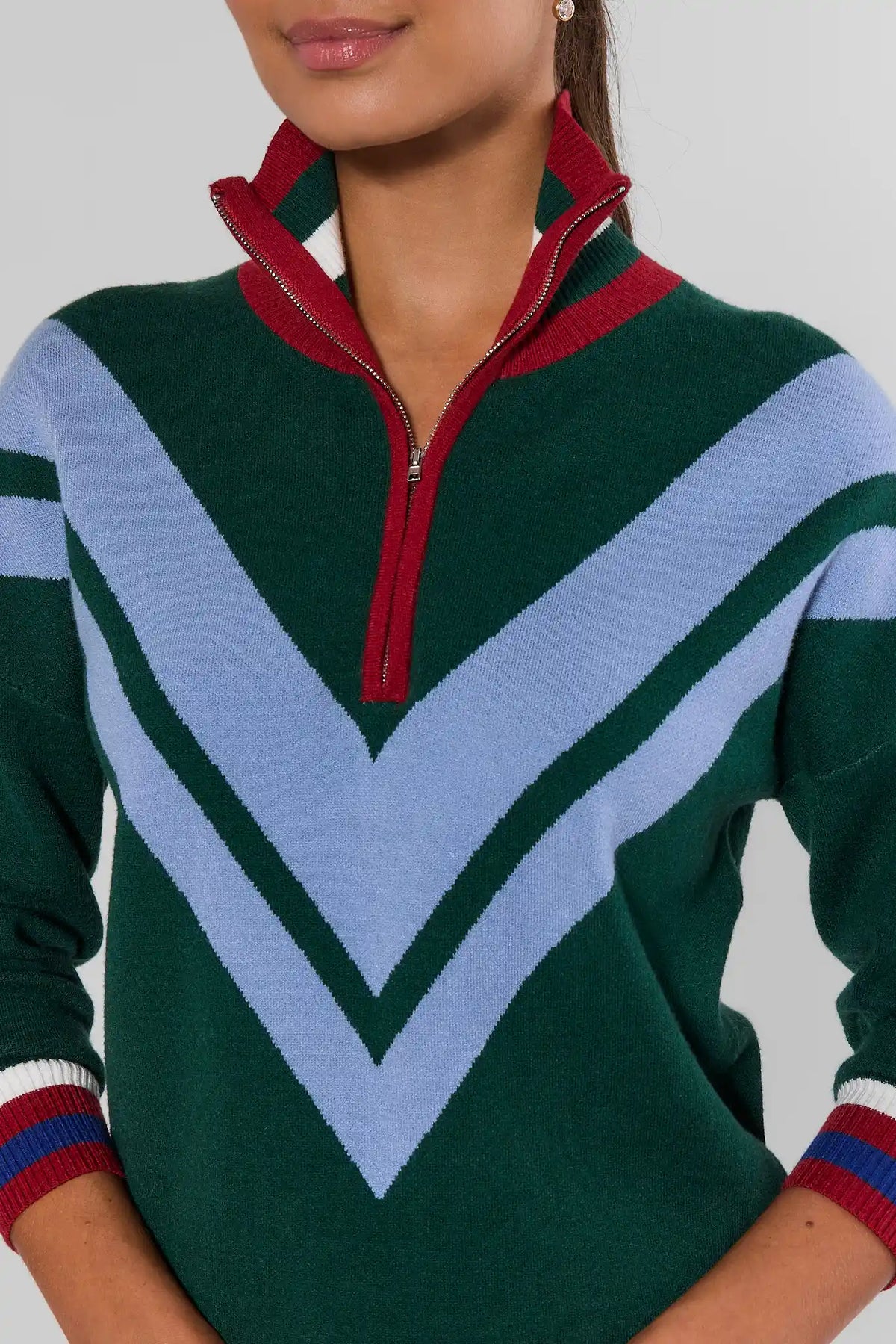 Collin Green Knit Zip Up Sweater close-up of blue chevron colorblock and red zip-up collar detail | Avara