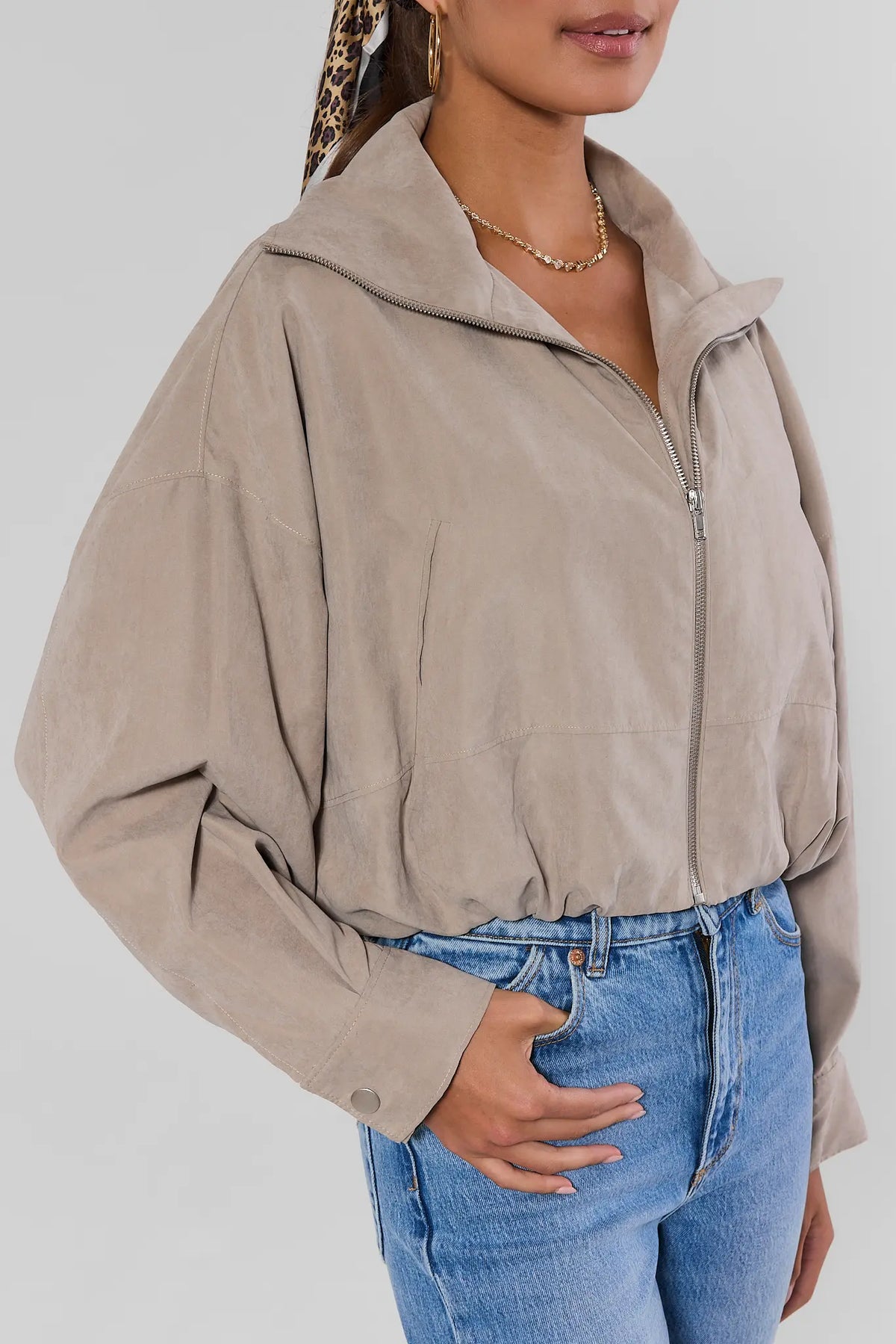Tan Faux Suede Zip Up Jacket, side angle close-up showing zip detail, collar, and relaxed cropped silhouette | Avara