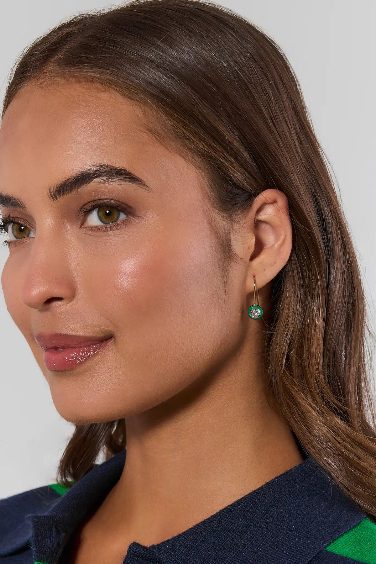 Green rhinestone drop earring on model with gold hook - On Model Side View | Avara