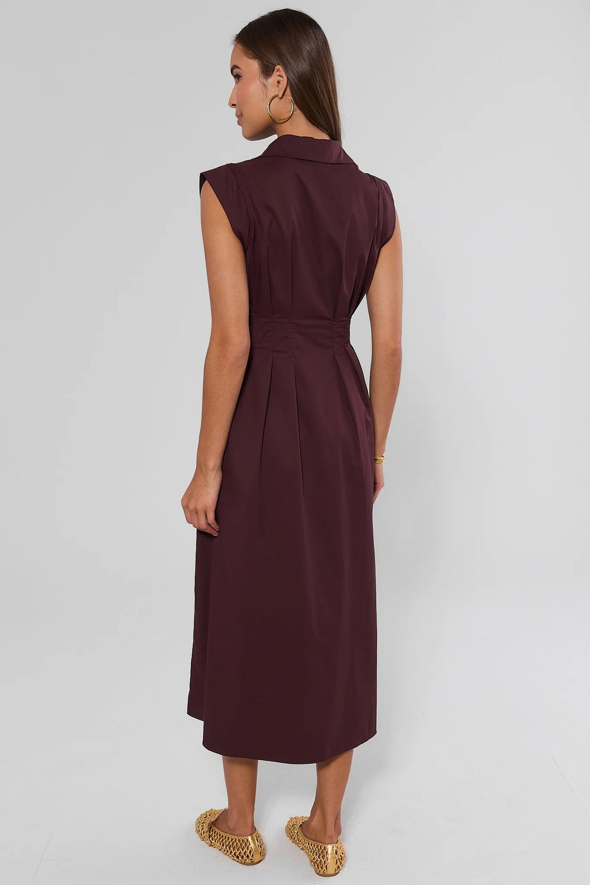 Dark burgundy sleeveless zip-up midi dress with spread collar, back view showing pleated silhouette | Avara