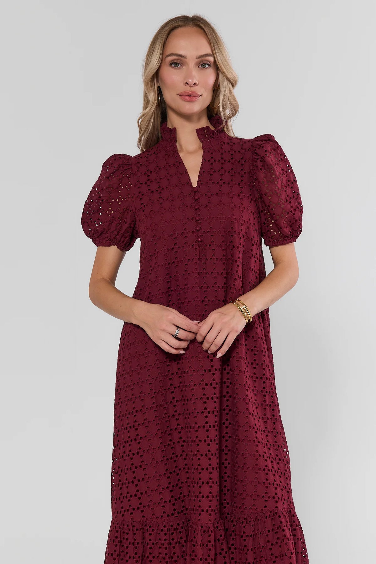 Burgundy Eyelet Overlay Maxi Dress, puff sleeves and V-neckline, front view - modest dress for women | Avara