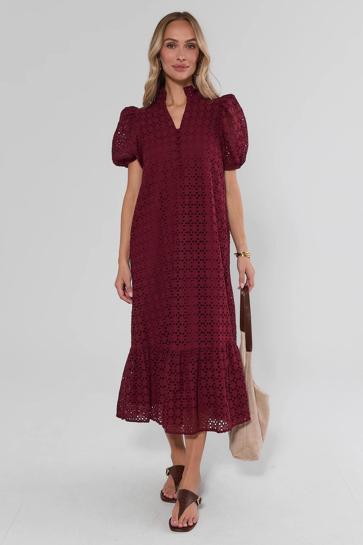 Burgundy Eyelet Overlay Maxi Dress full length, styled with brown sandals and tote bag, front view | Avara