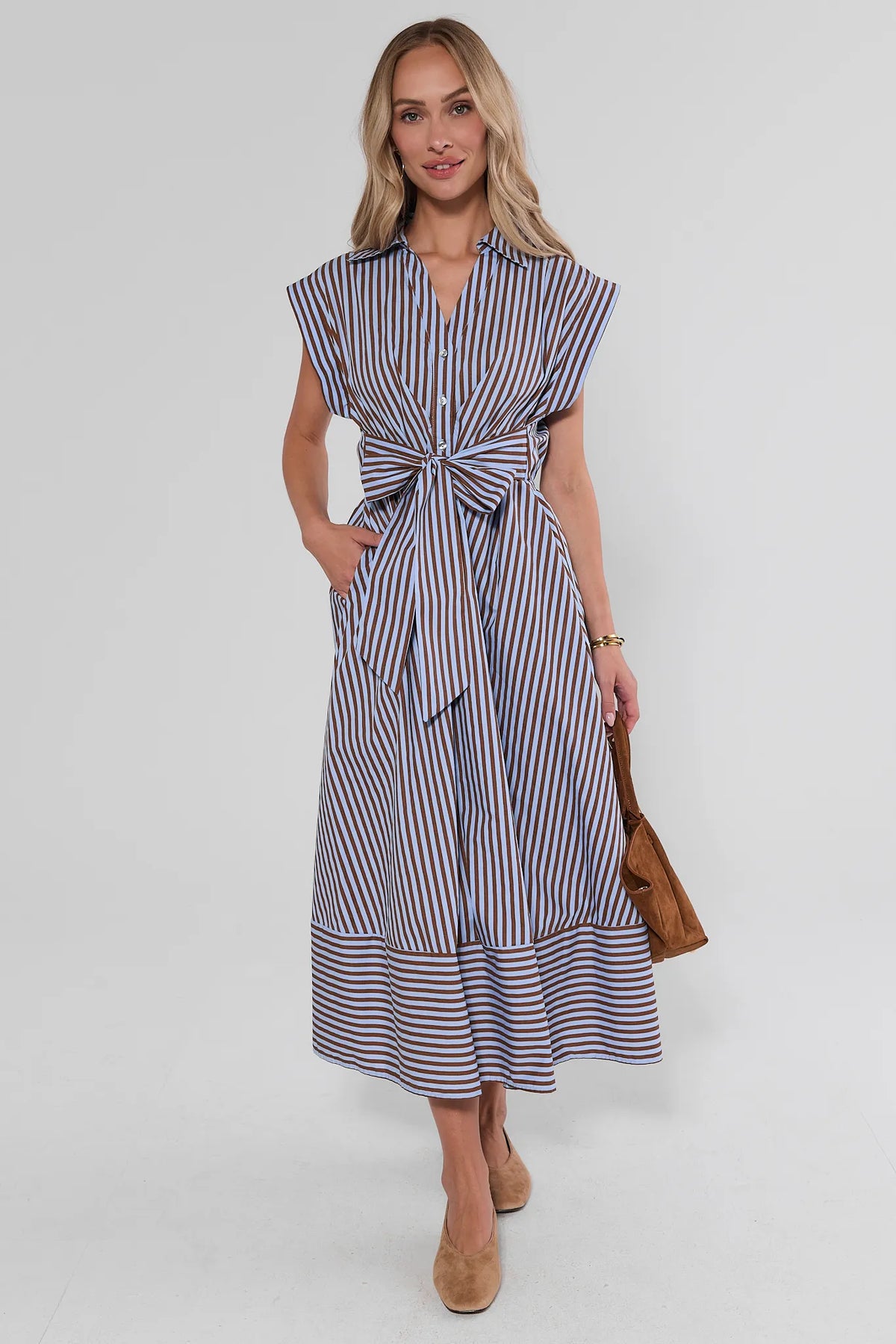 Oakley Brown Striped Midi Dress full-length front view, styled with tan heels and suede bag | Avara