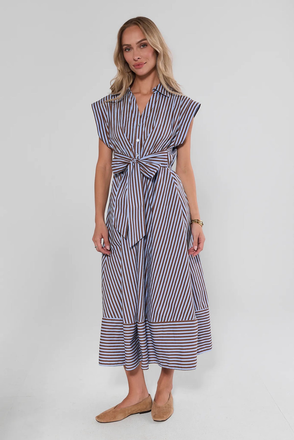 Oakley Brown & Blue Striped Midi Dress full-length front view, sleeveless with ruffled hem | Avara