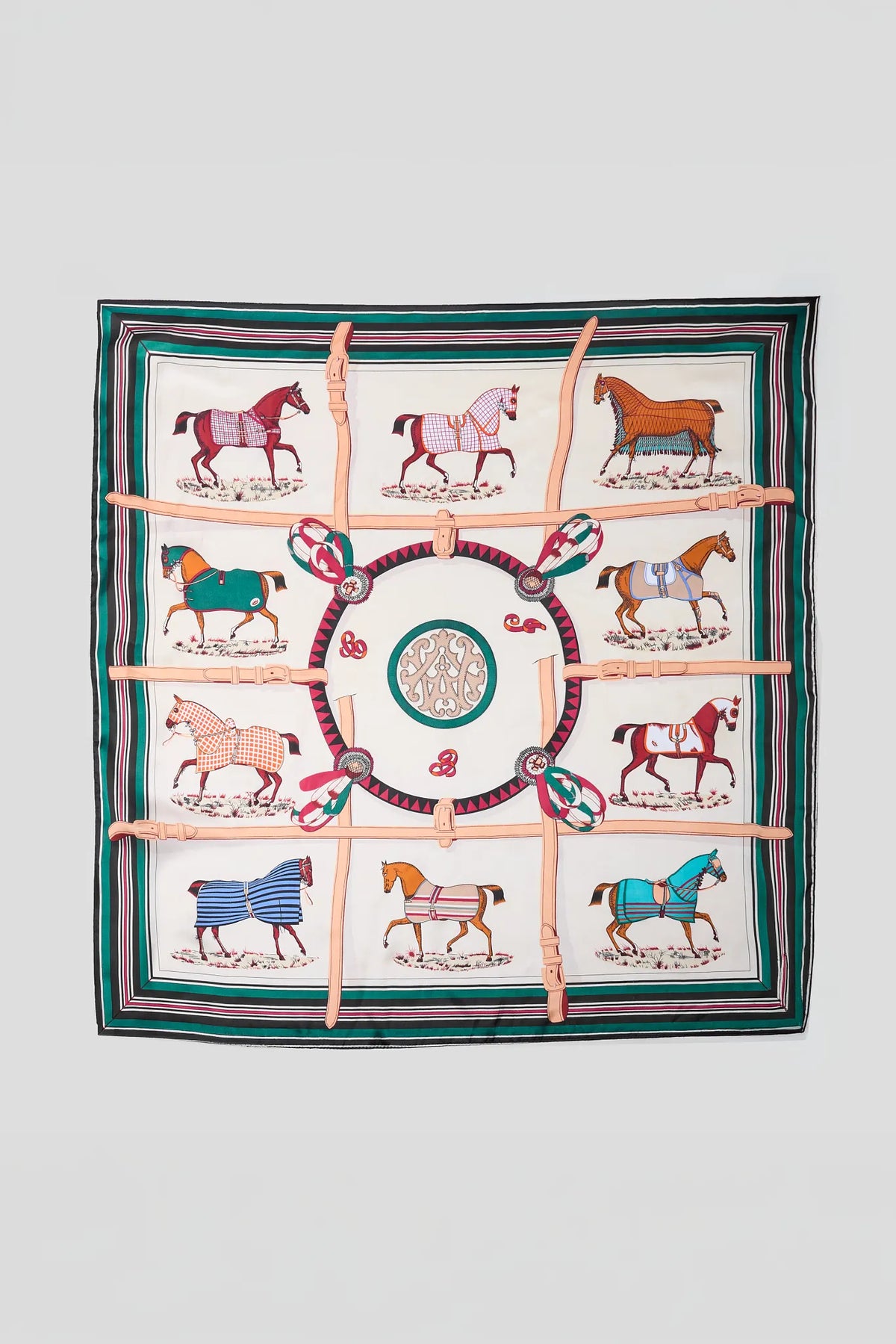 Green Trim Horse Print Square Scarf - Flat Lay, allover illustrated horse print with green striped border | Avara