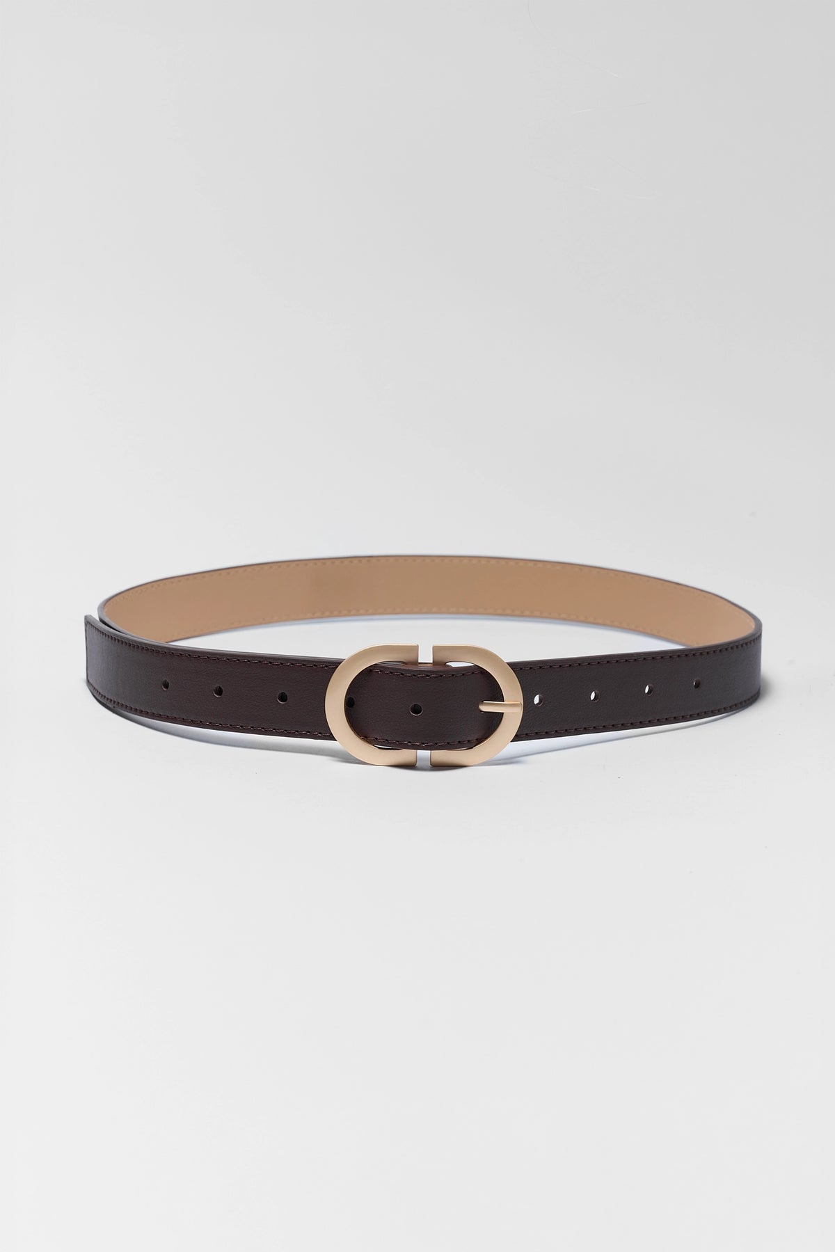 Brown Faux Leather Belt with gold-tone oval buckle, flat lay - women's accessories | Avara