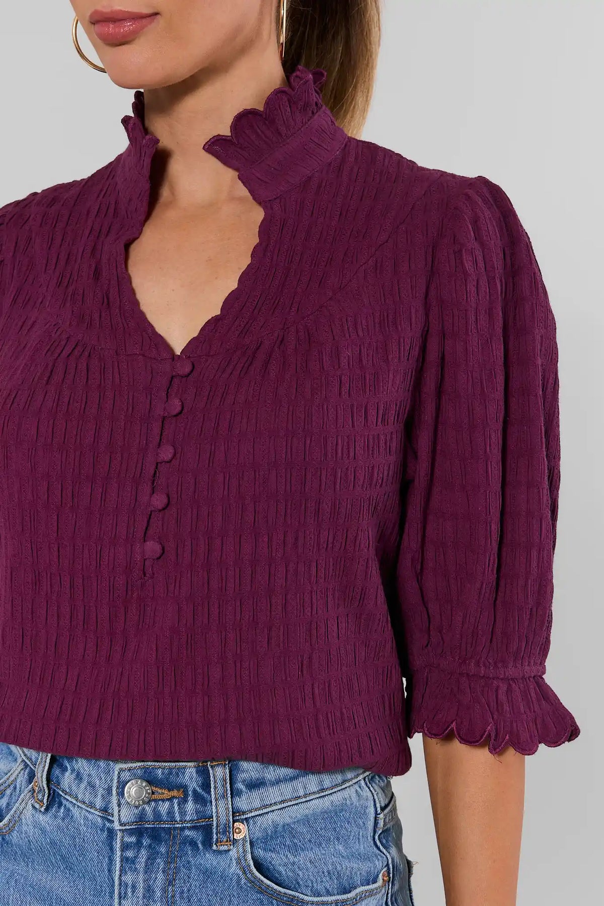 Plum Ruffle Neckline & Scallop Cuff Detail Close-Up | Avara