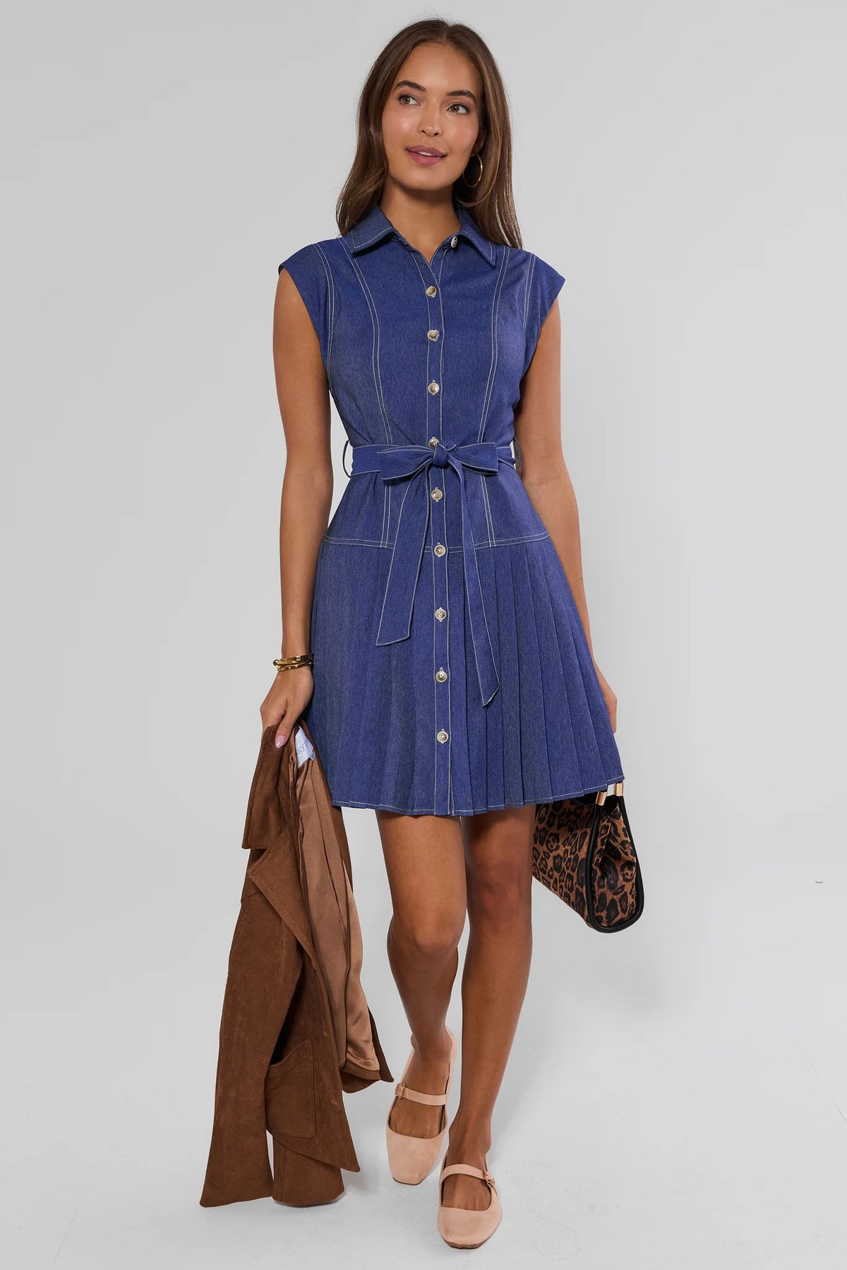 Edie Denim Pleated Button Up Dress styled with brown jacket and leopard bag - Full-Length Styled | Avara