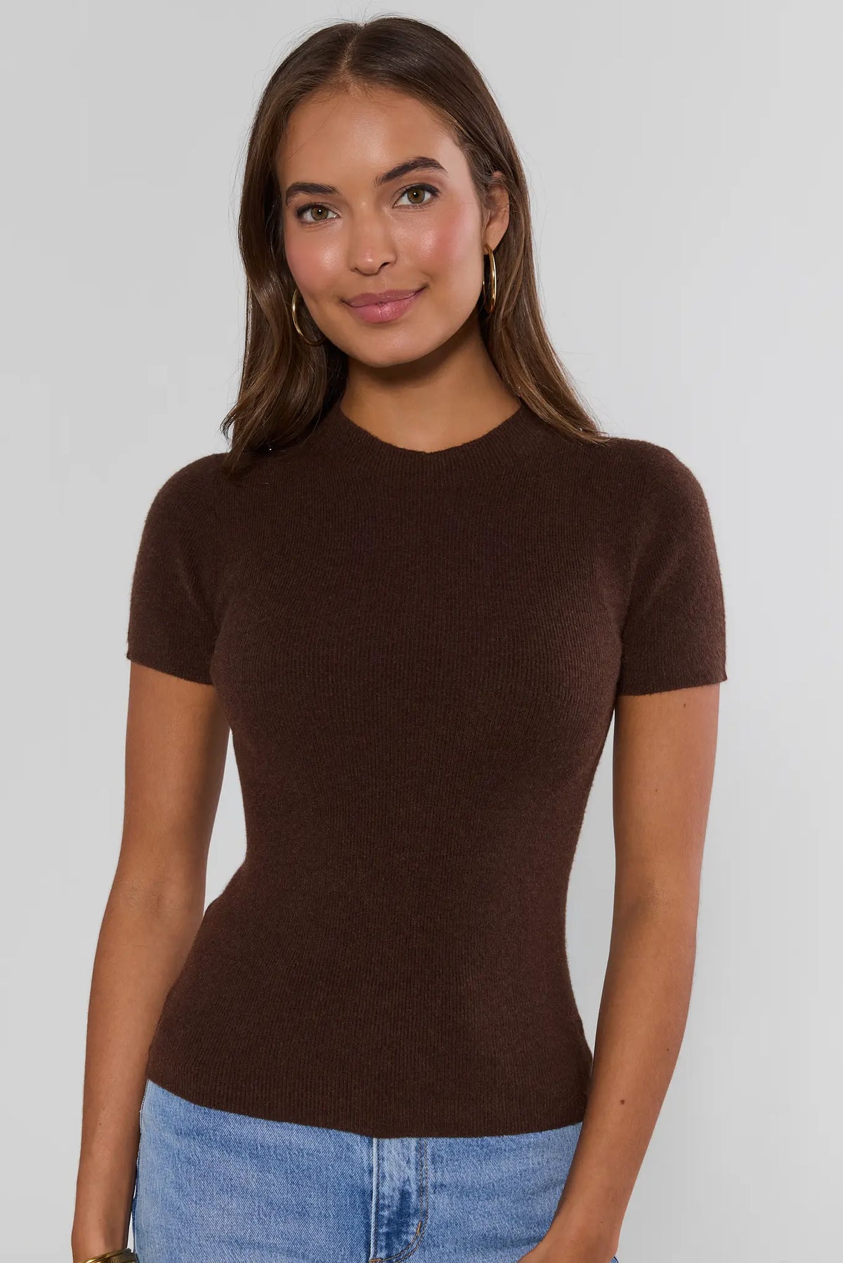 Brown Ribbed Knit Short Sleeve Top - Front View On Model | Avara