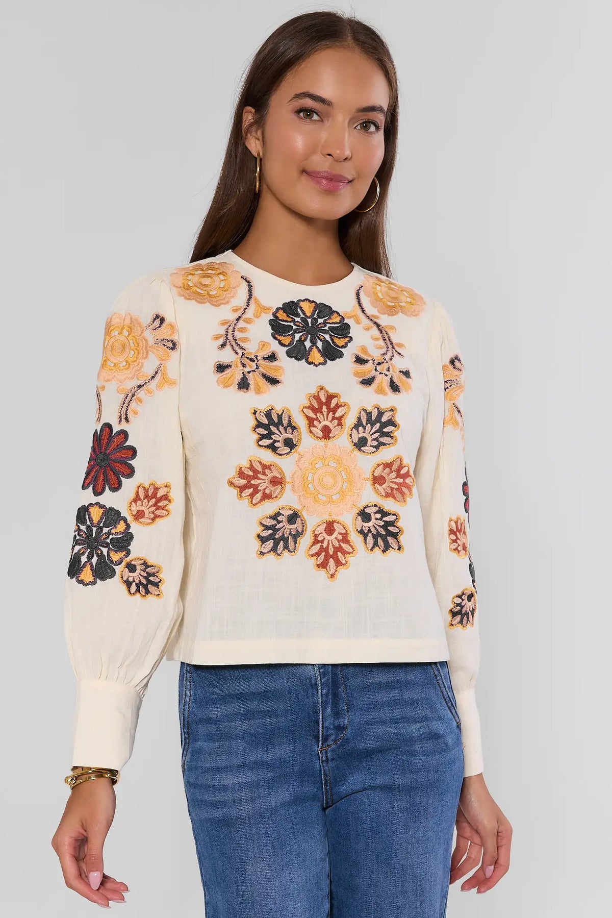 Cream Floral Embroidered Long Sleeve Top - Front View On Model | Avara