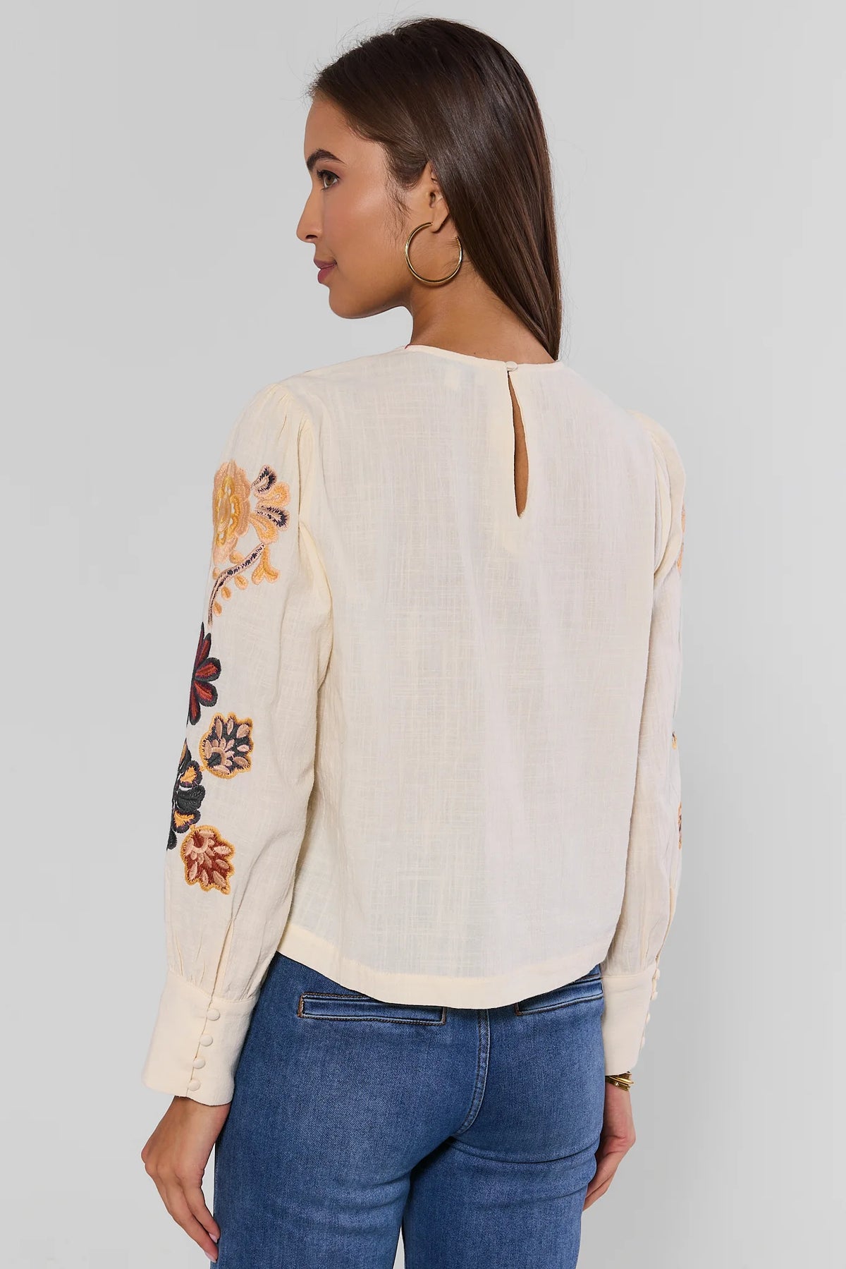 Cream Embroidered Women's Top - Back View with Keyhole & Button Cuffs | Avara