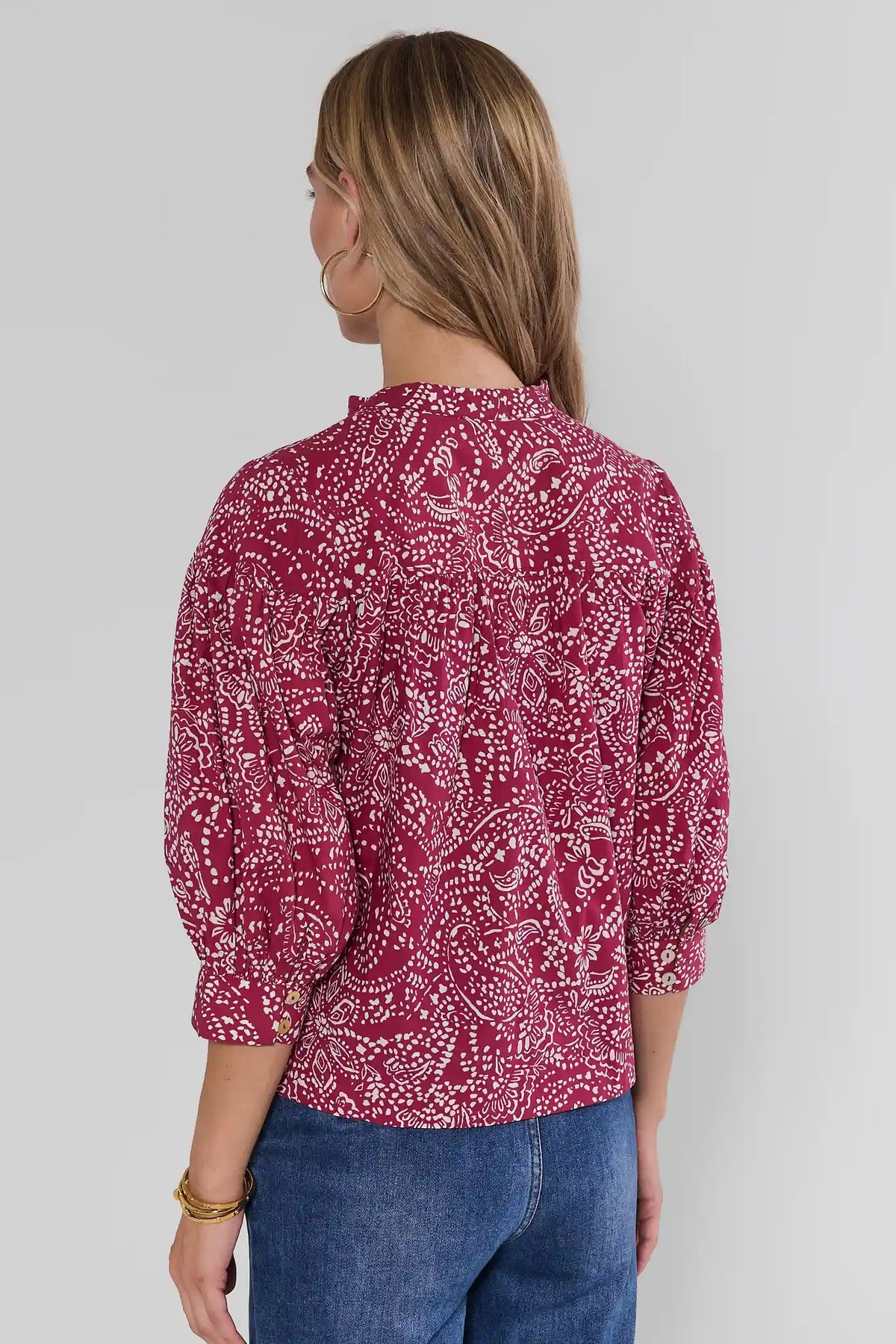 Maroon Paisley Print Top - Back View with 3/4 Sleeves On Model | Avara
