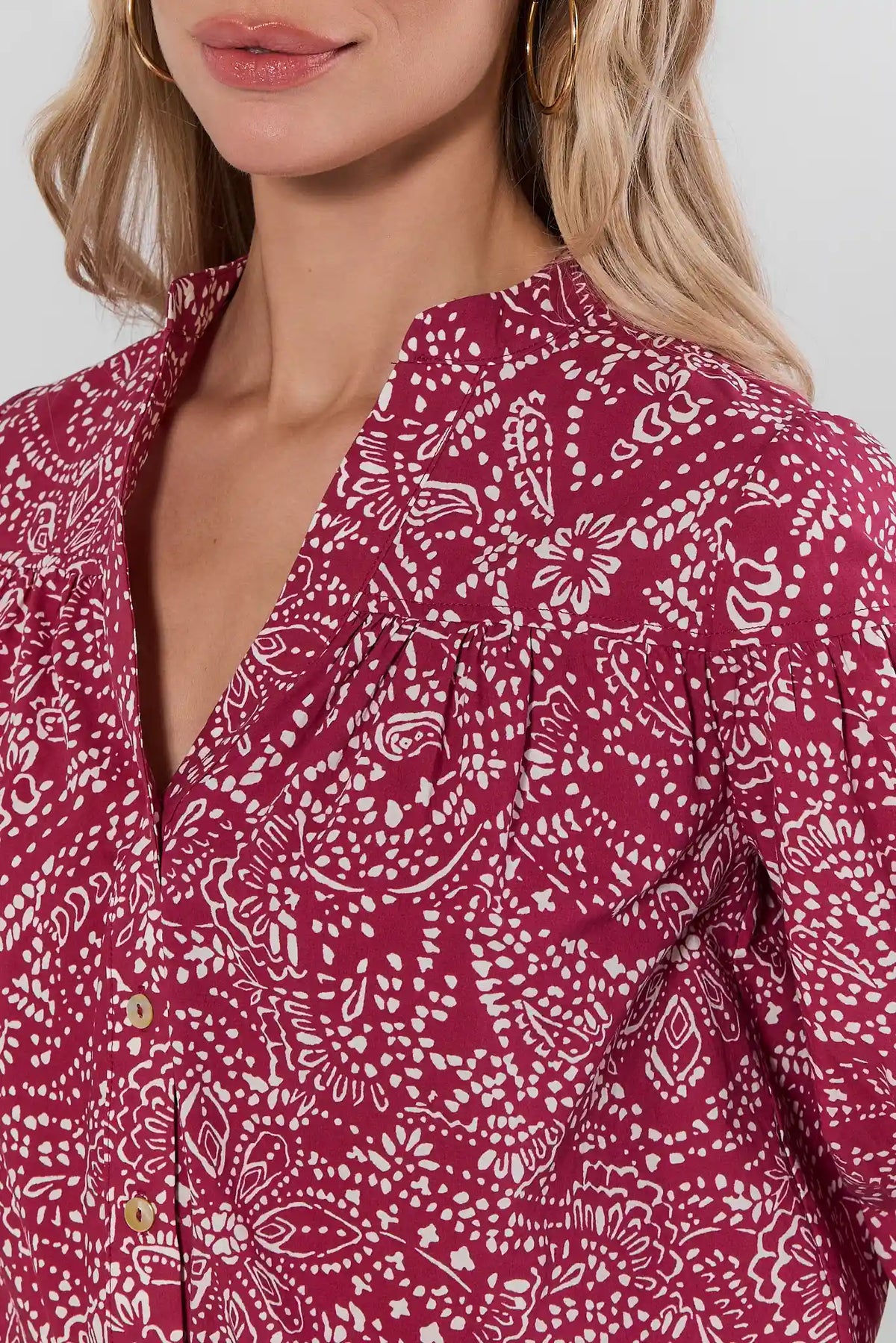 Maroon Paisley Print Top - V-Neckline & Button Detail Close-Up | Avara