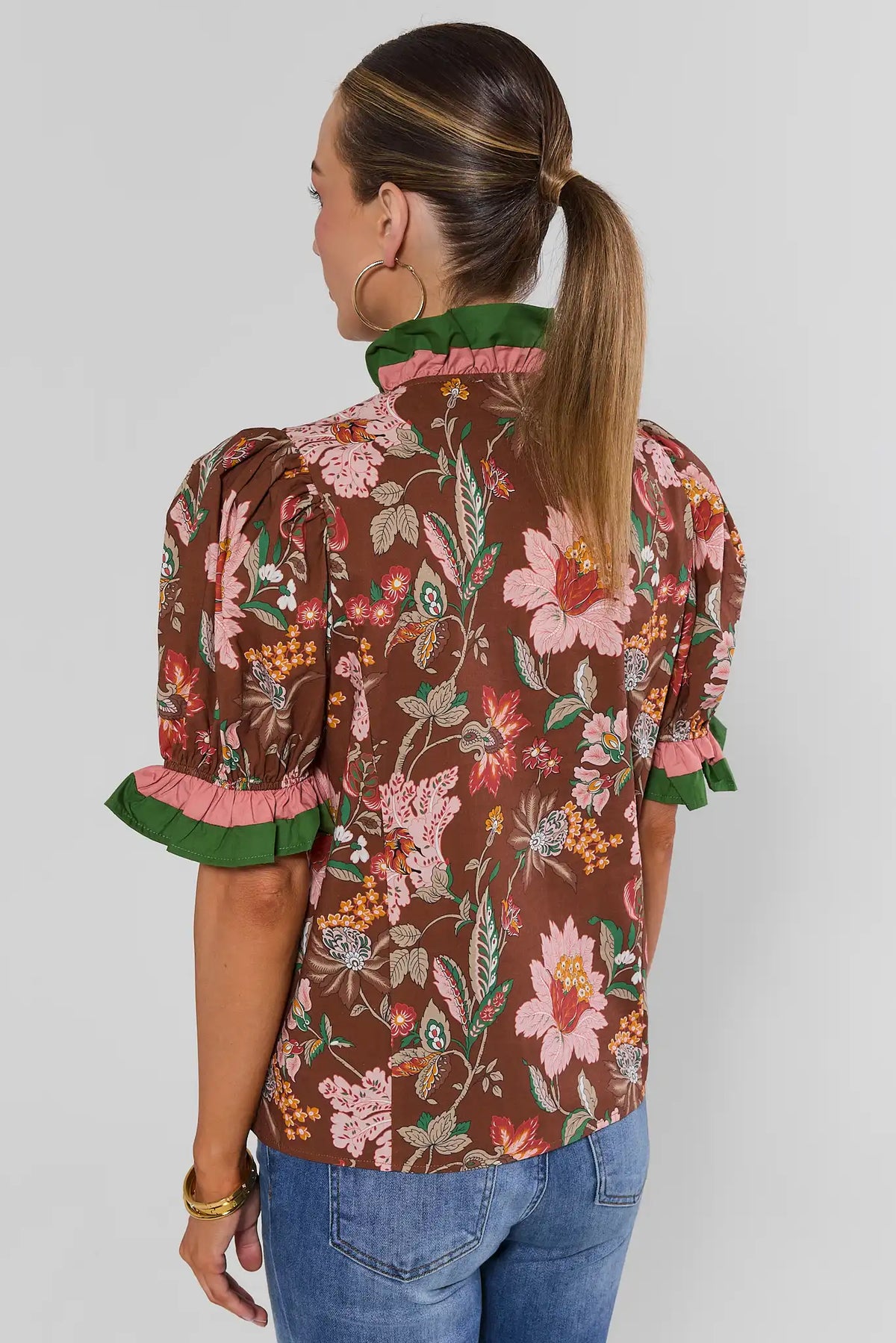 Brown Floral Button-Front Top with Ruffle Sleeve Cuffs - Back View On Model | Avara