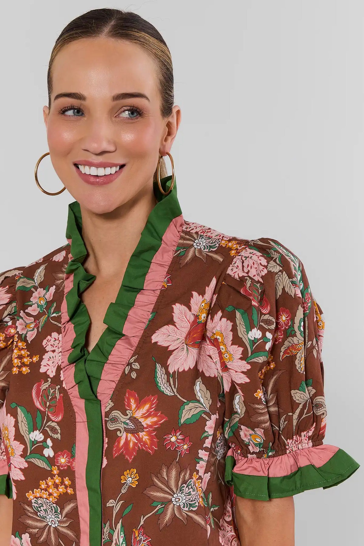 Brown Floral Top with Pink and Green Ruffle Collar - Close-Up Detail | Avara