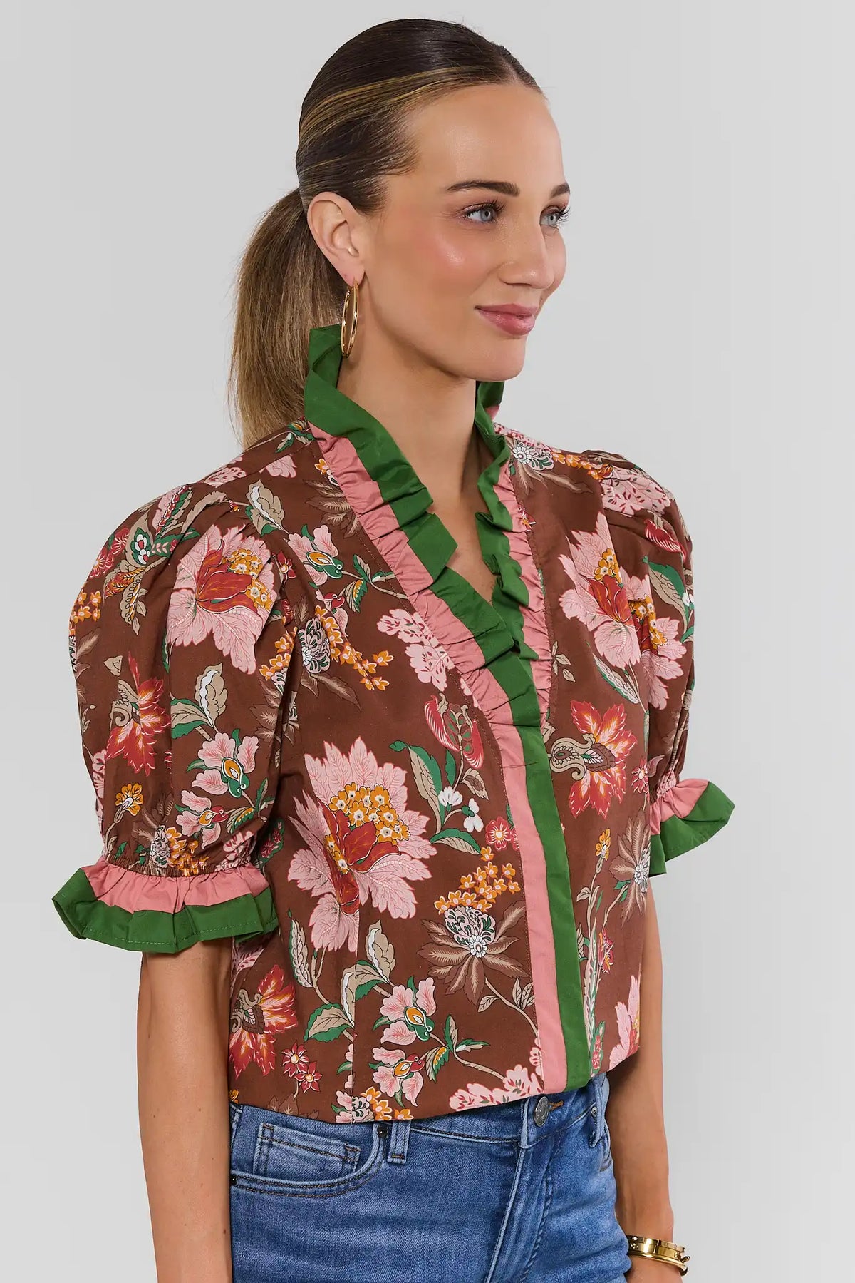 Brown Floral Print Puff Sleeve Top with Ruffle Trim - Side View On Model | Avara