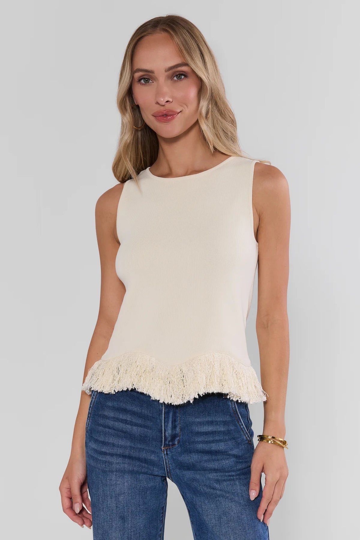 White Knit Fringe Trim Top - Front View On Model, Crew Neckline, Sleeveless | Avara