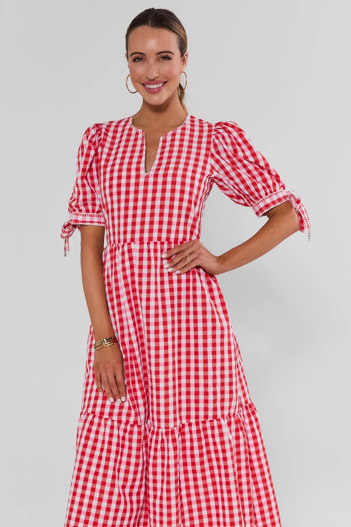 Hazel Red Gingham Midi Dress with puff sleeves and notched neckline, front crop view - modest women's dress | Avara
