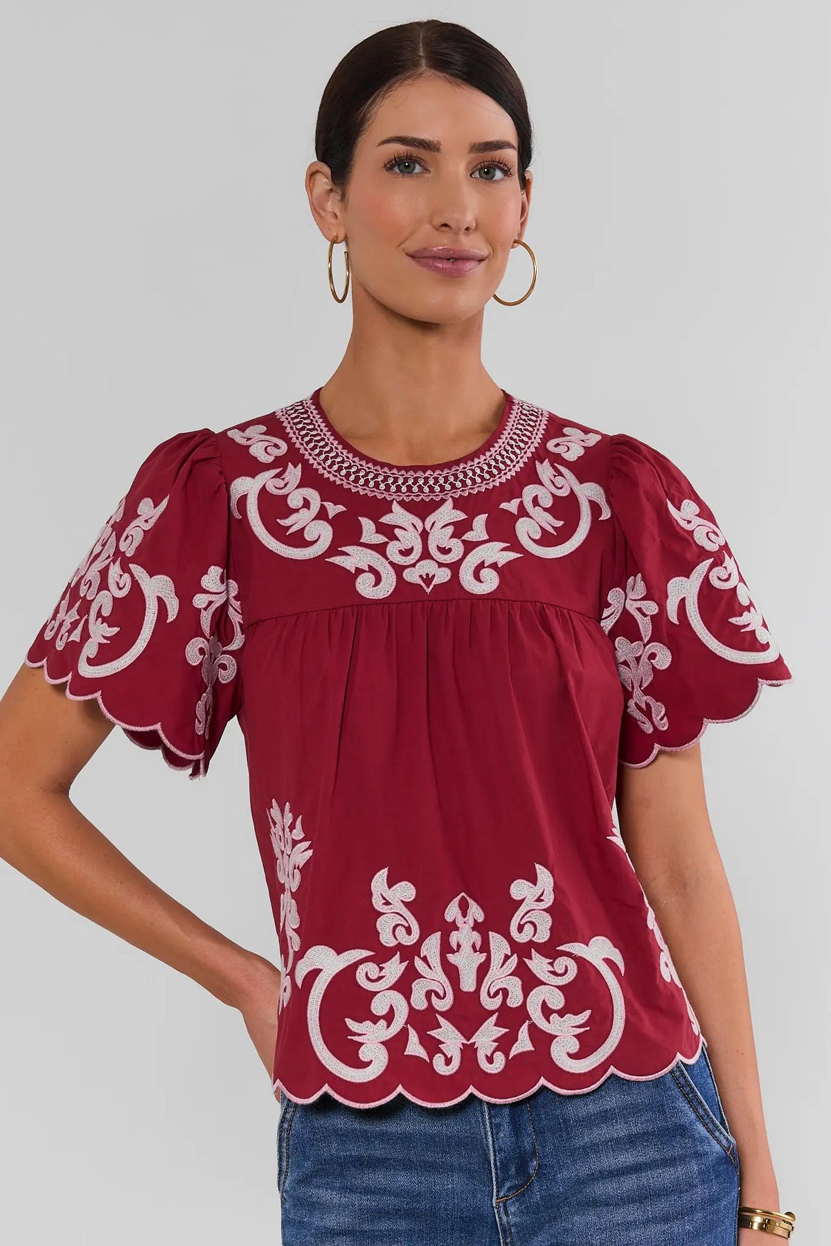 Burgundy Embroidered Top with Scallop Hem - Front View On Model | Avara