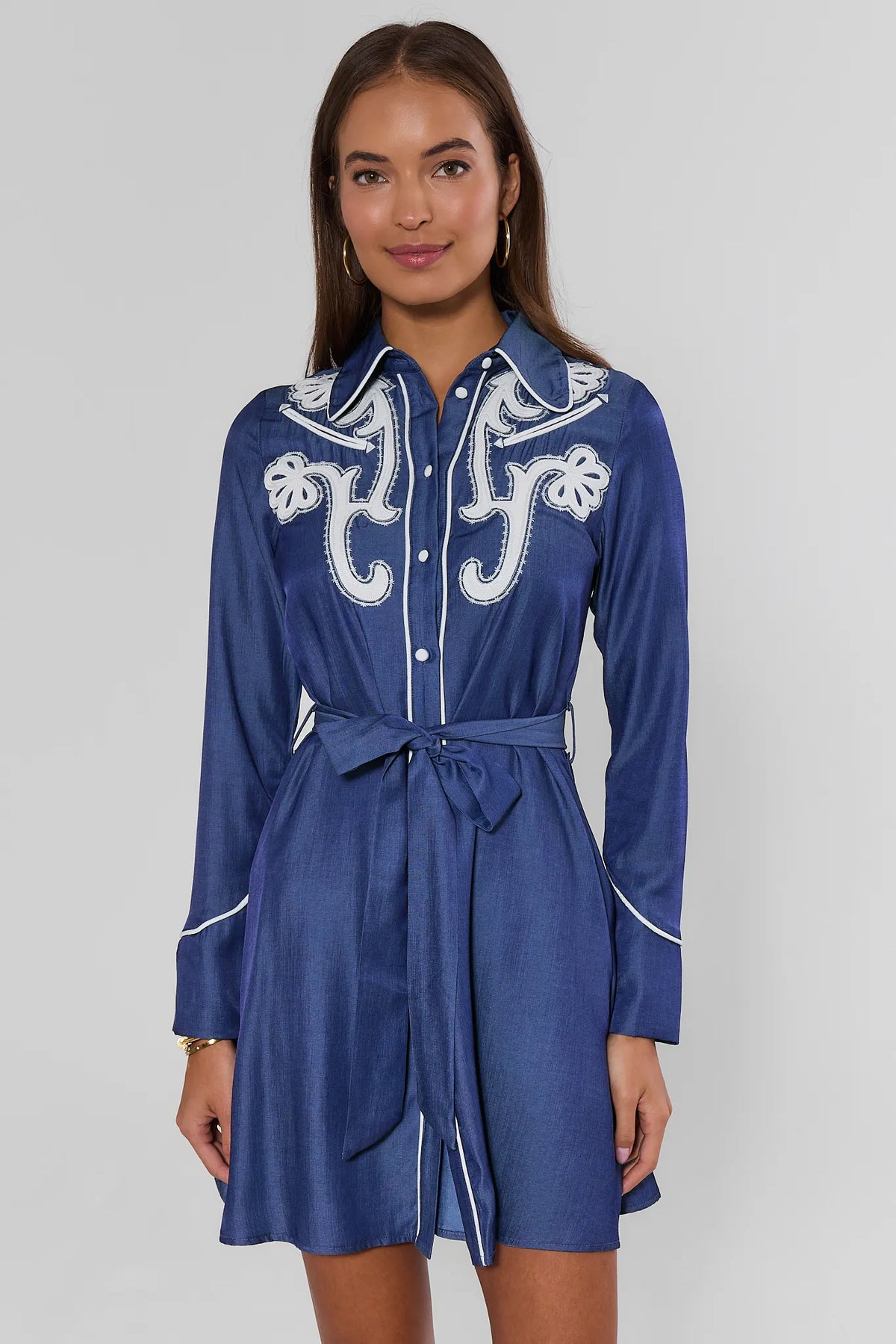 Blue Chambray Embroidered Short Dress - Front View On Model | Avara
