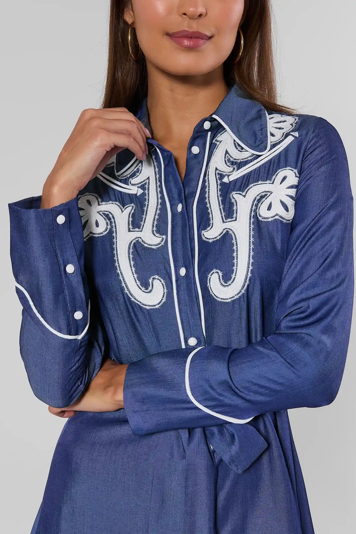 Blue Chambray Embroidered Short Dress - Western Embroidery Close-Up Detail | Avara