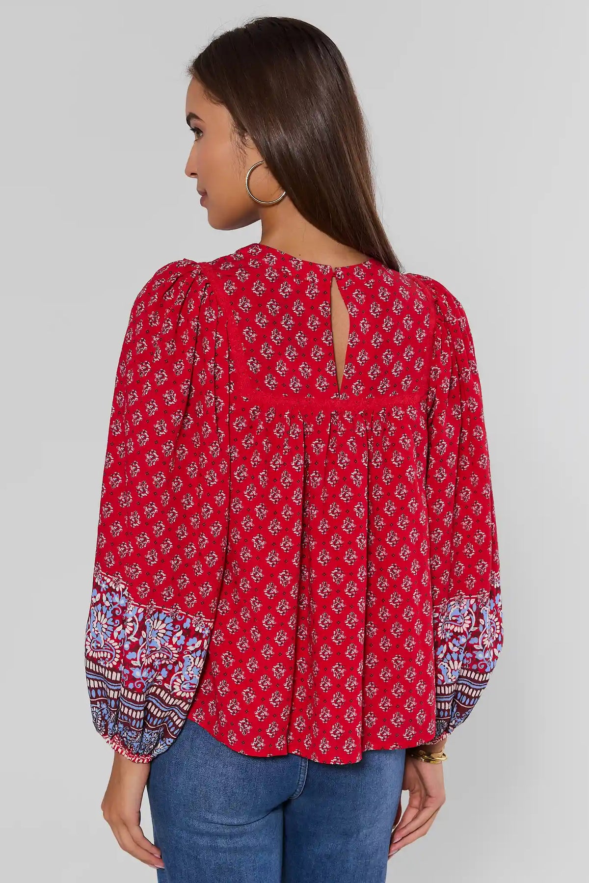 Red Printed Long Sleeve Top - Back View Keyhole Detail On Model | Avara