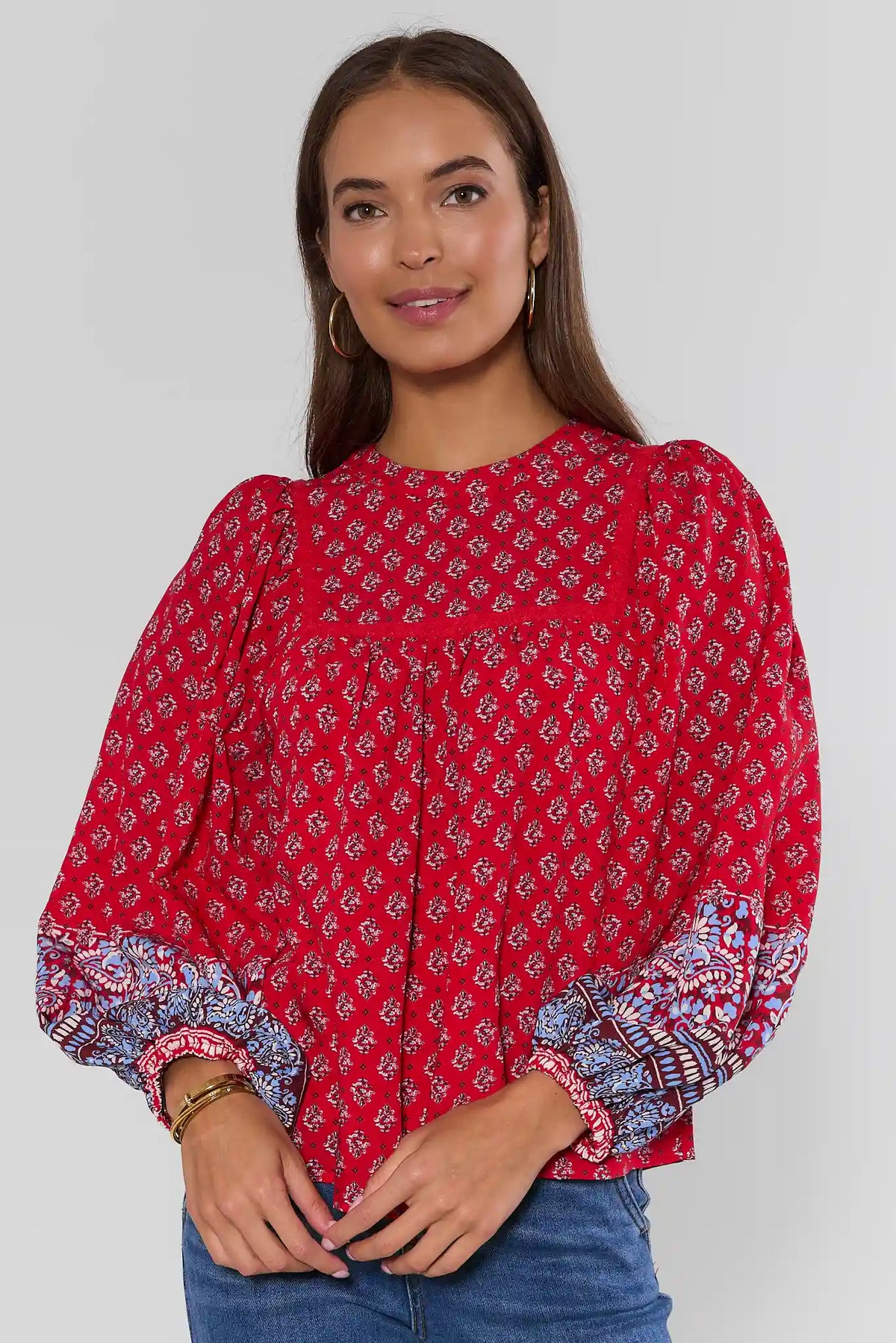 Red Floral Print Puff Sleeve Top - Front Three-Quarter View On Model | Avara