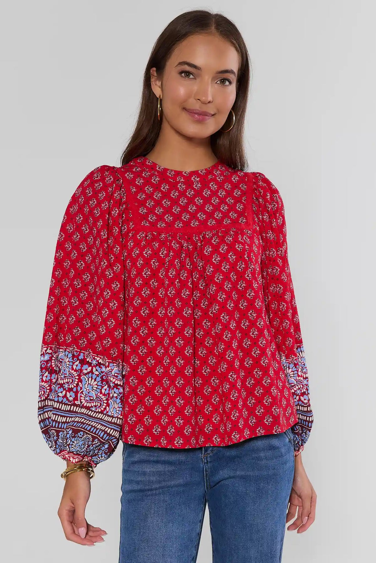 Red Micro-Floral Printed Long Sleeve Top - Front View On Model | Avara