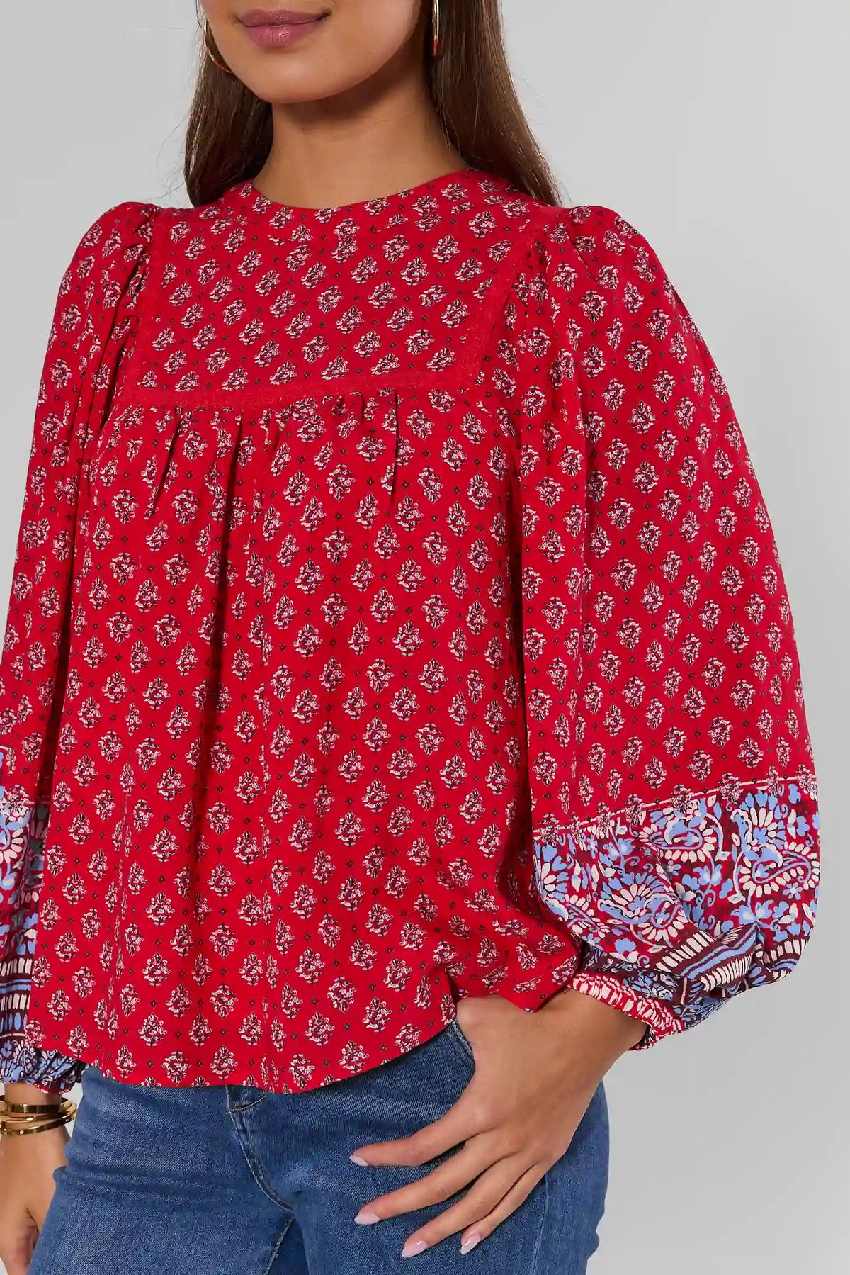 Red Printed Long Sleeve Top - Paisley Cuff Close-Up Detail | Avara