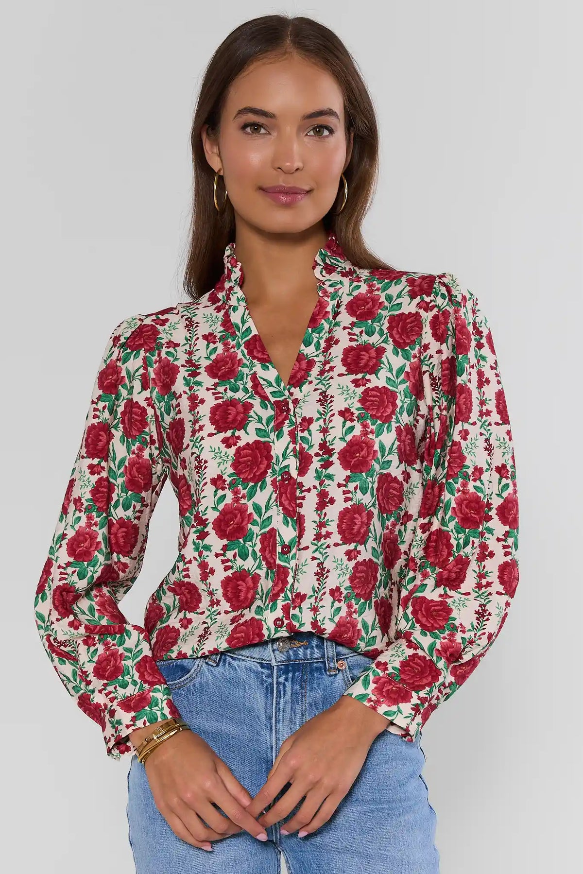 Cream Rose Print Button Up Top - Front View On Model with Jeans | Avara