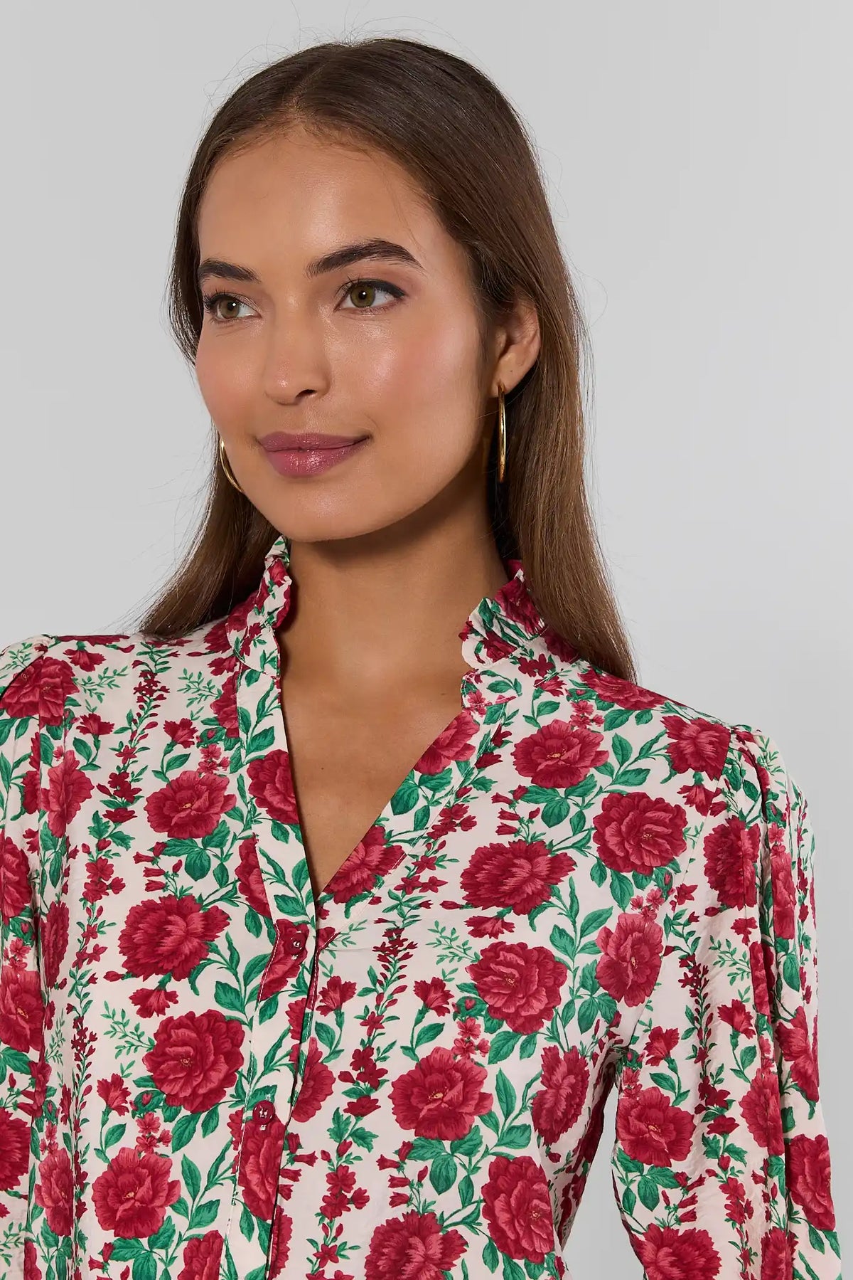 Cream Floral Button Up Top - Neckline & Ruffle Collar Close-Up | Avara