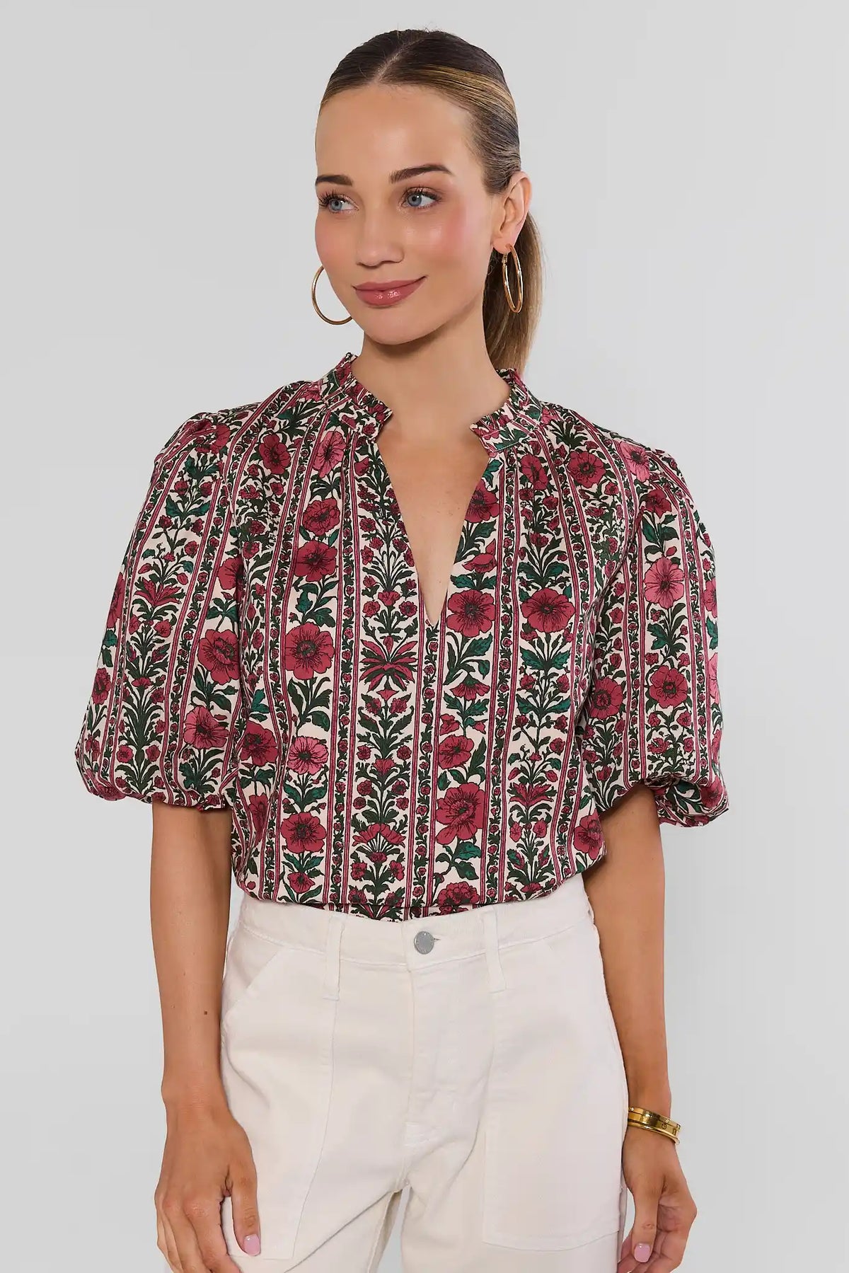 Ivory Floral Printed Top - Front View, Puff Sleeve Tapestry Print Women's Blouse | Avara